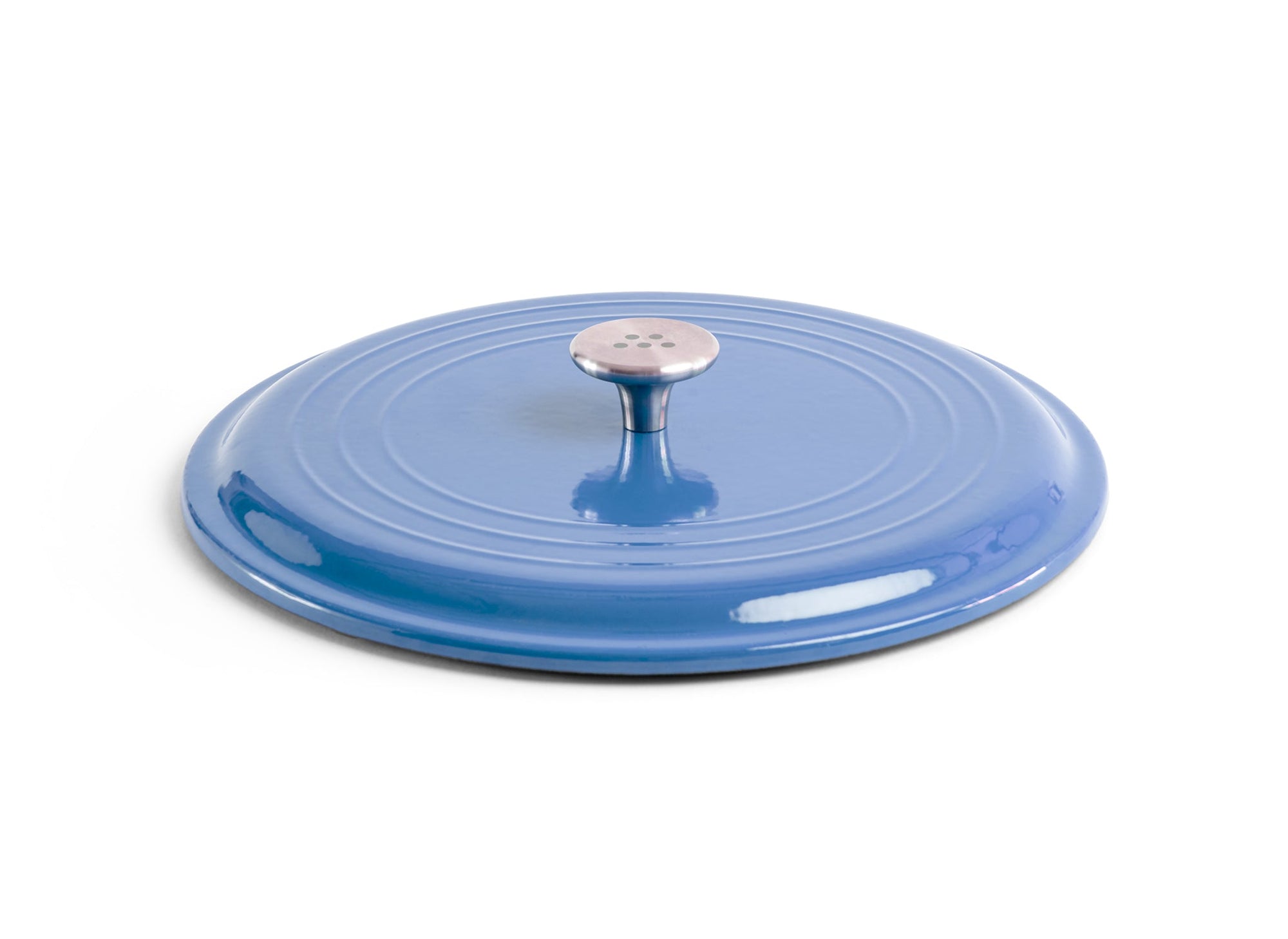 {{blue}} A blue Misen Enameled Cast Iron Braiser lid, with a single stainless steel knob handle.