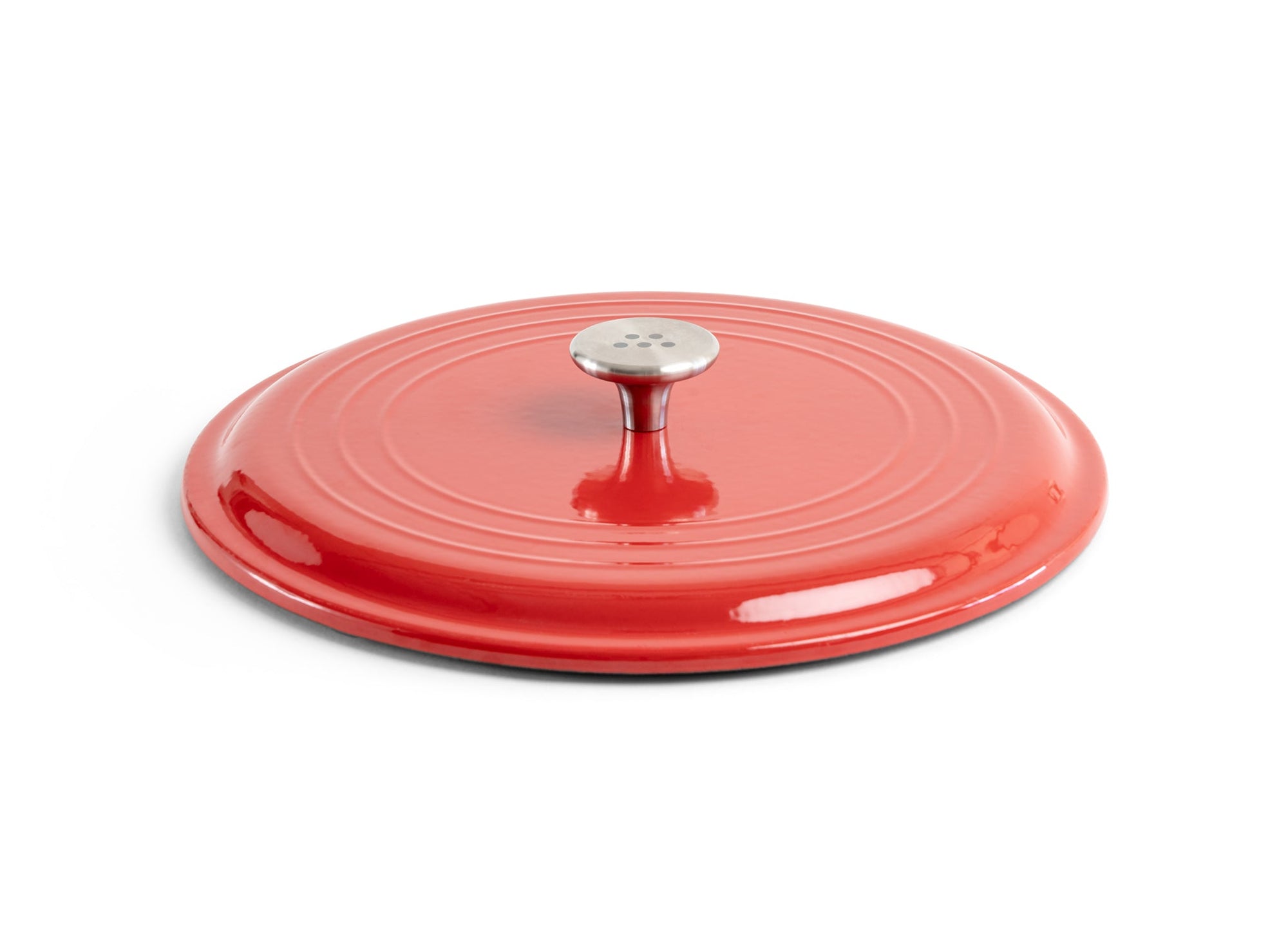 {{red}} A red Misen Enameled Cast Iron Braiser lid, with a single stainless steel knob handle.