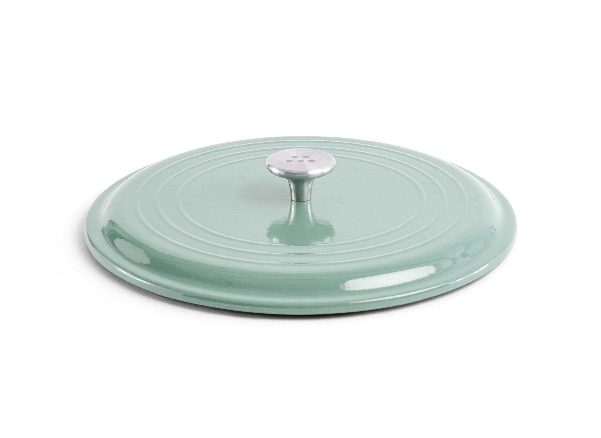 {{green}} A green Misen Enameled Cast Iron Braiser lid, with a single stainless steel knob handle.