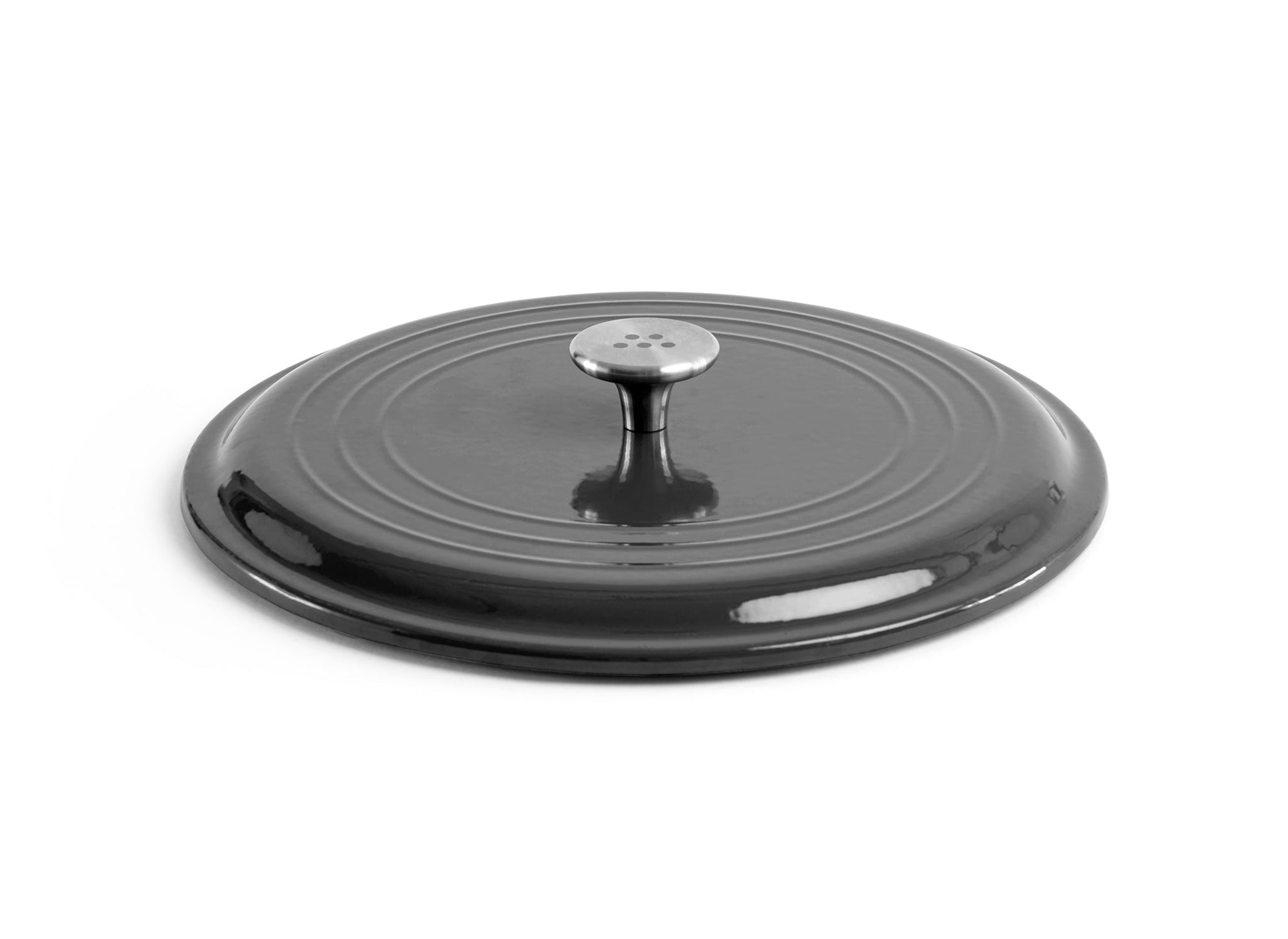 {{black}} A black Misen Enameled Cast Iron Braiser lid, with a single stainless steel knob handle.