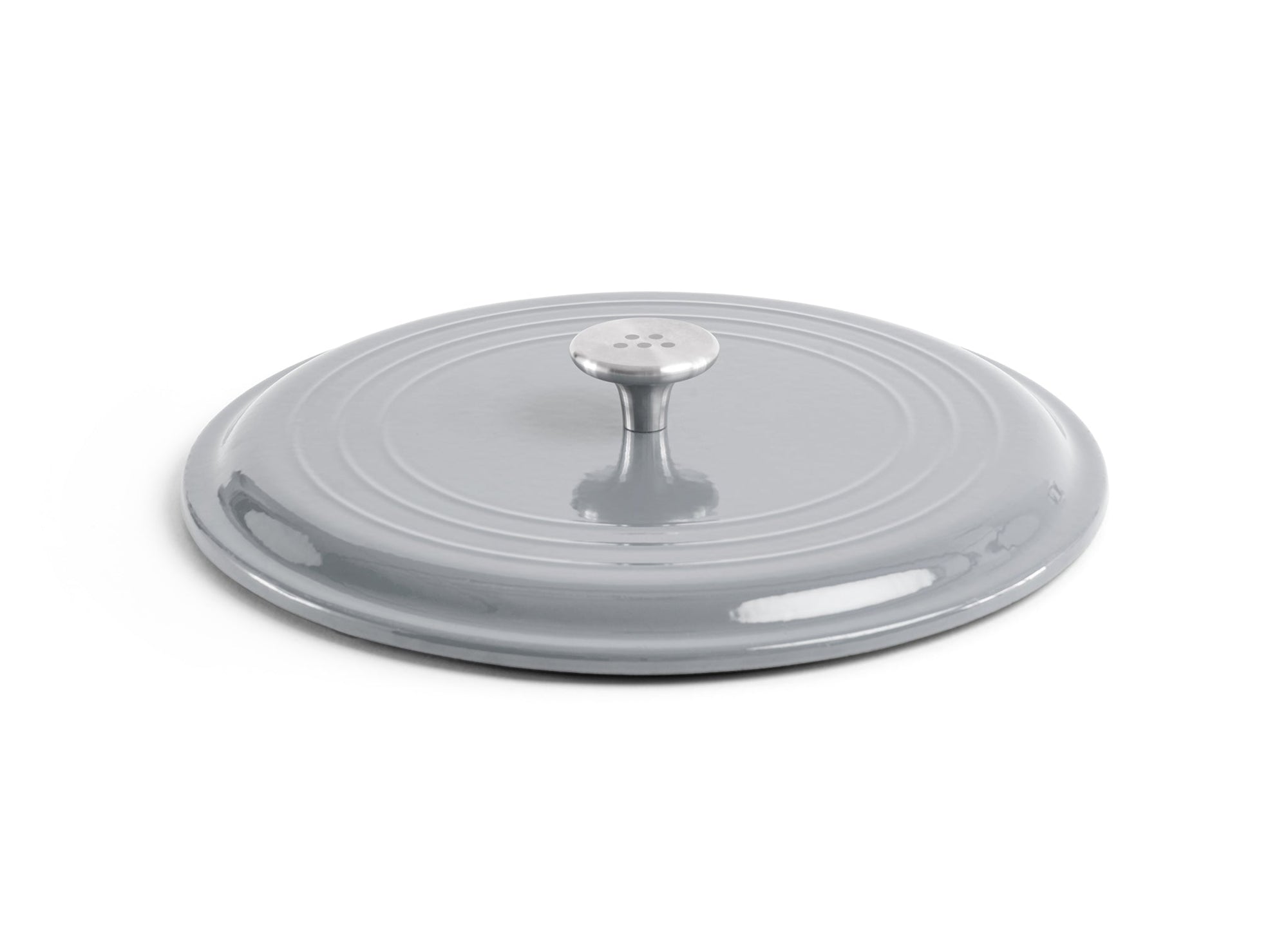 {{gray}} A grey Misen Enameled Cast Iron Braiser lid, with a single stainless steel knob handle.