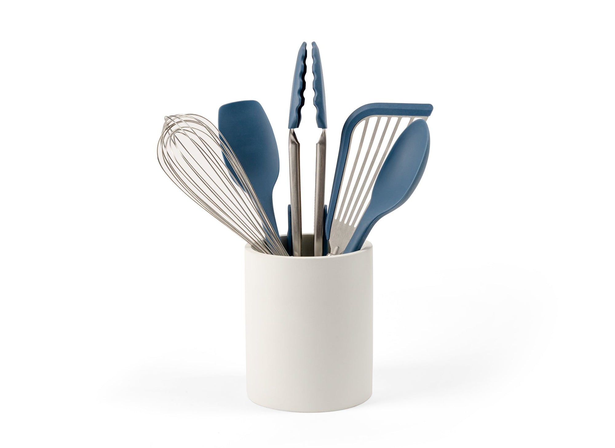{{}} A White Misen Prep Tool Holder containing a Blue Misen Prep Tool Set on a white background.