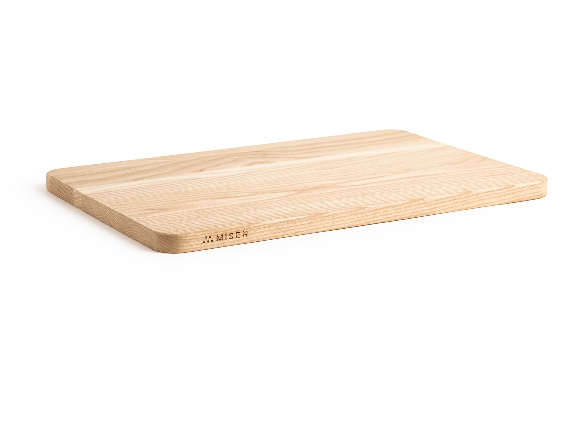 {{medium,2-piece-set}} A Medium Misen Wood Cutting Board, with the Misen logo visible along its narrow edge.