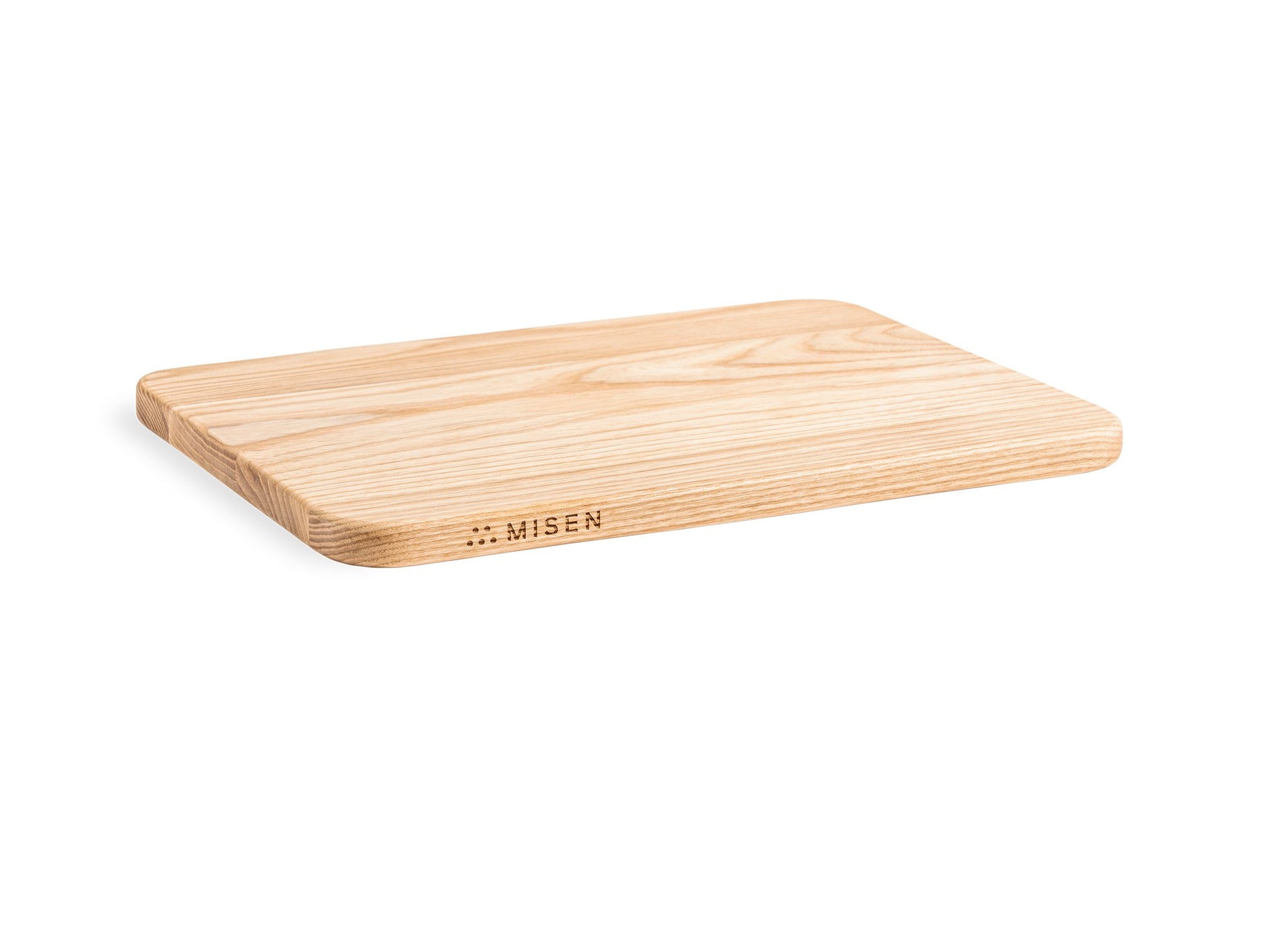 {{small,2-piece-set}} A Small Misen Wood Cutting Board, with the Misen logo visible along its narrow edge.