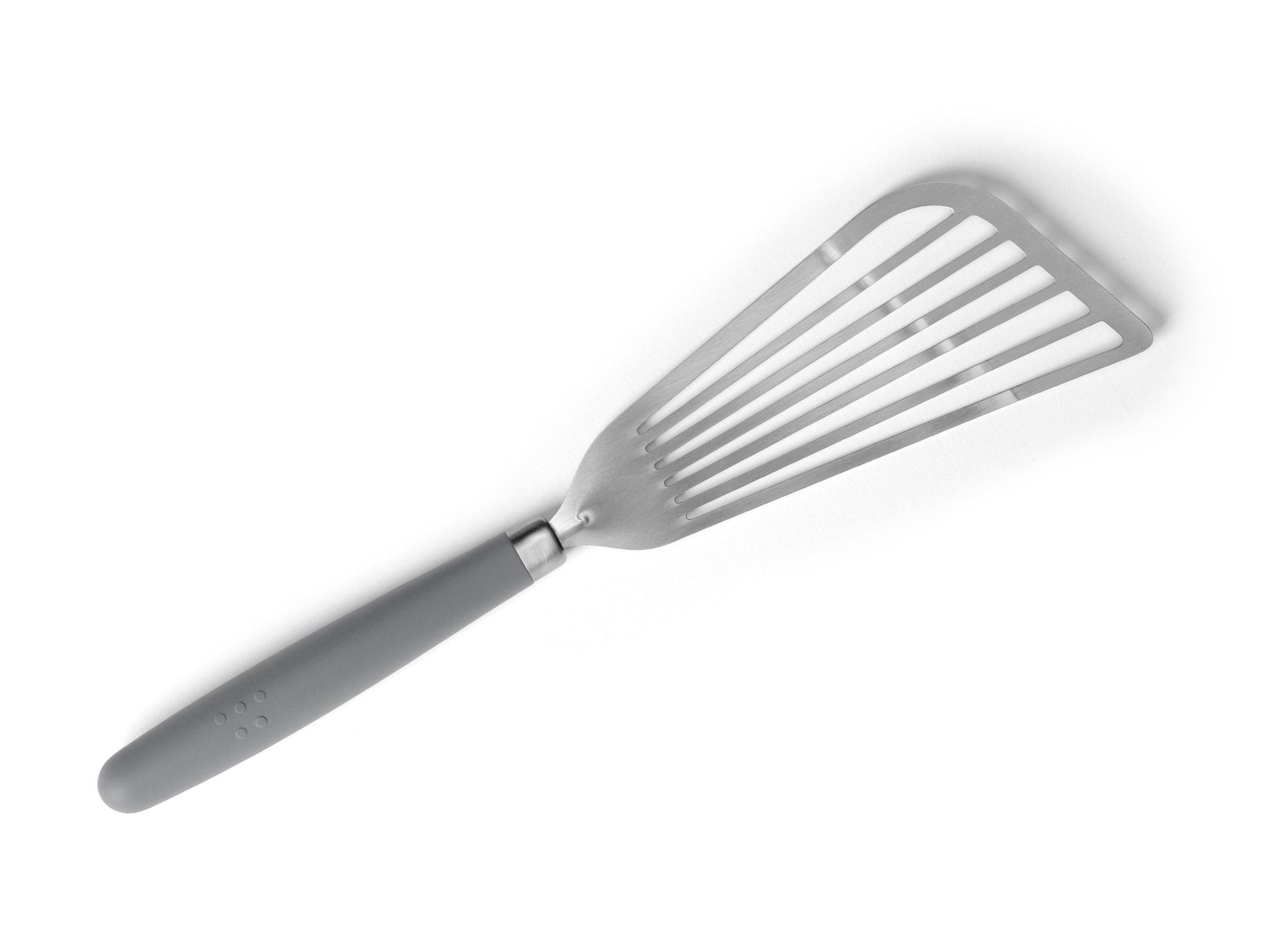 {{stainless-steel-gray}} A Grey Misen Metal Fish Spatula on a white background. Shows a slotted and flared metal head attached to a silicone handle.