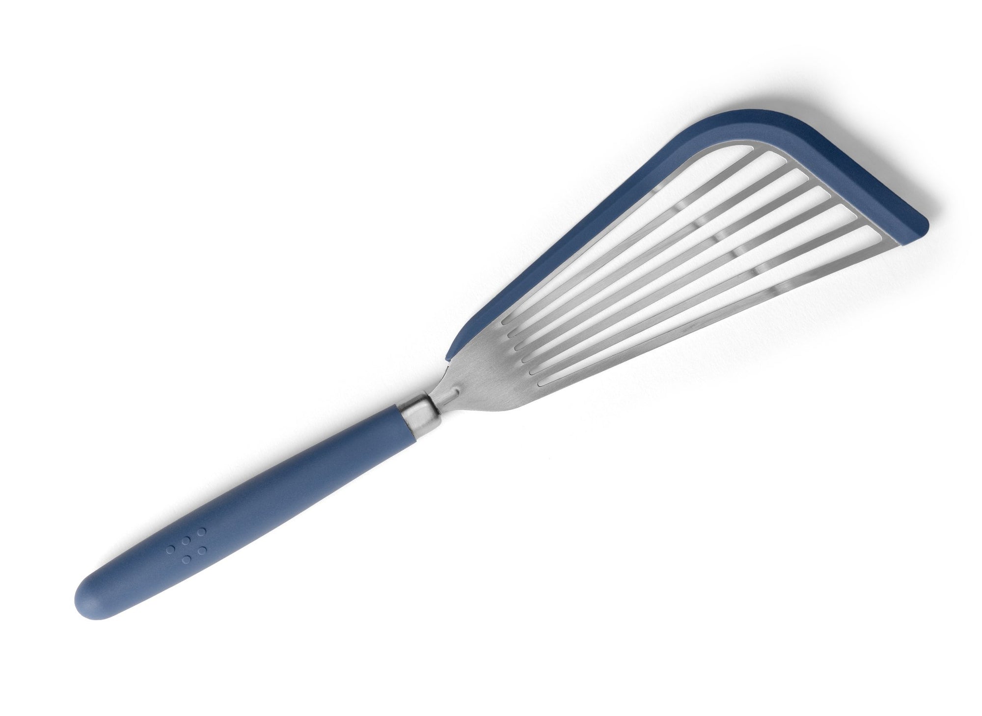 {{silicone-blue}} A Blue Misen Silicone Fish Spatula on a white background. Shows a slotted silicone-lined metal head attached to a silicone handle.