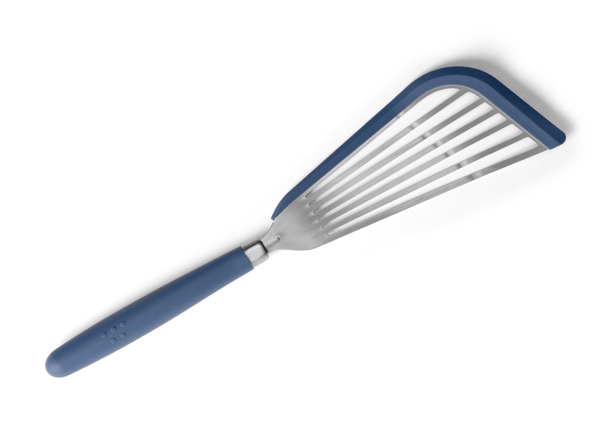 {{silicone-blue}} A Blue Misen Silicone Fish Spatula on a white background. Shows a slotted silicone-lined metal head attached to a silicone handle.