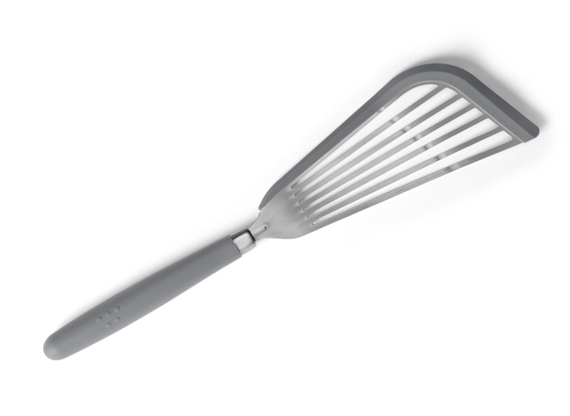 {{silicone-gray}} A Grey Misen Silicone Fish Spatula on a white background. Shows a slotted silicone-lined metal head attached to a silicone handle.