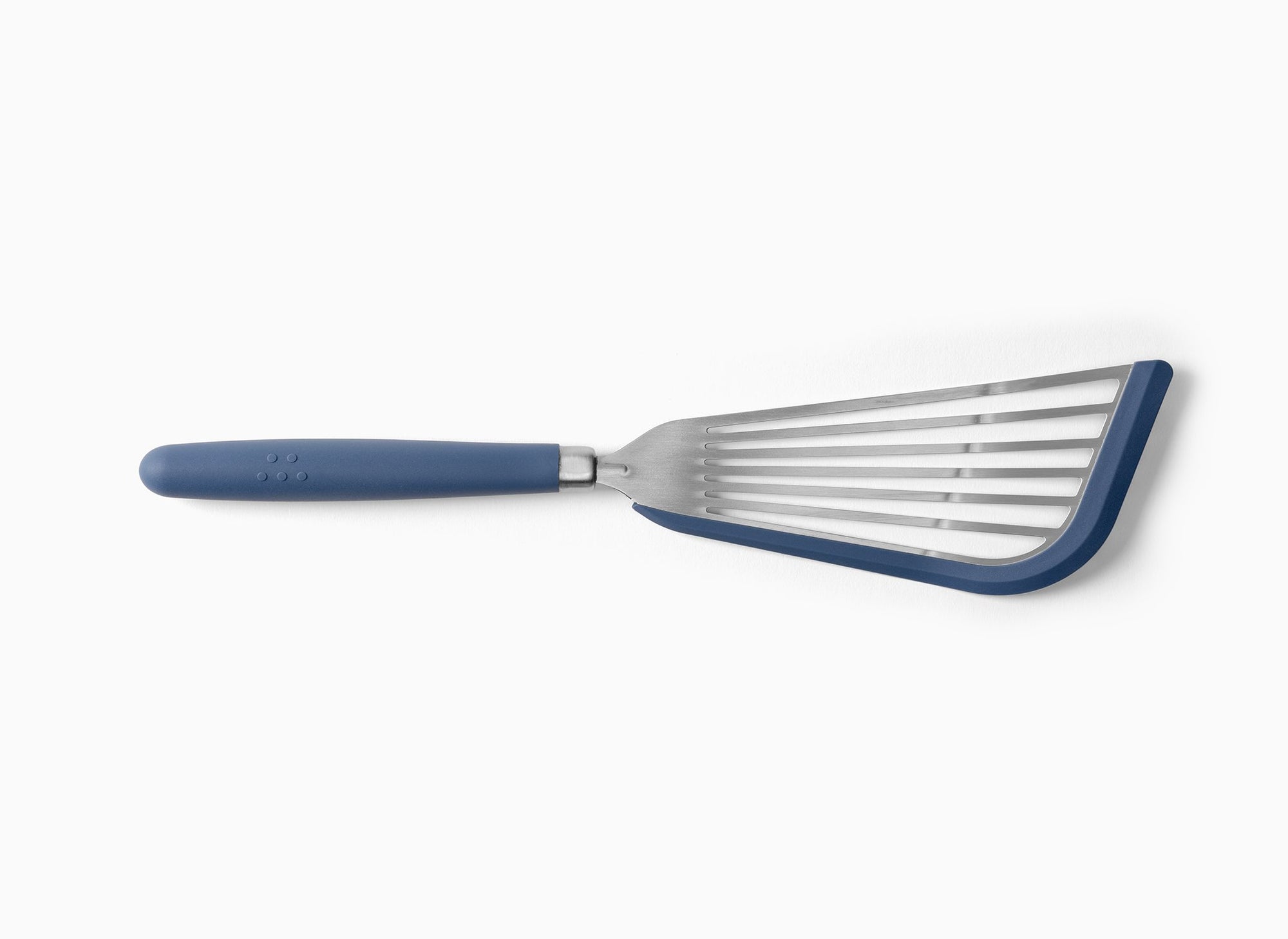  A Blue Misen Silicone Fish Spatula on a white background. Shows a slotted silicone-lined metal head attached to a silicone handle.