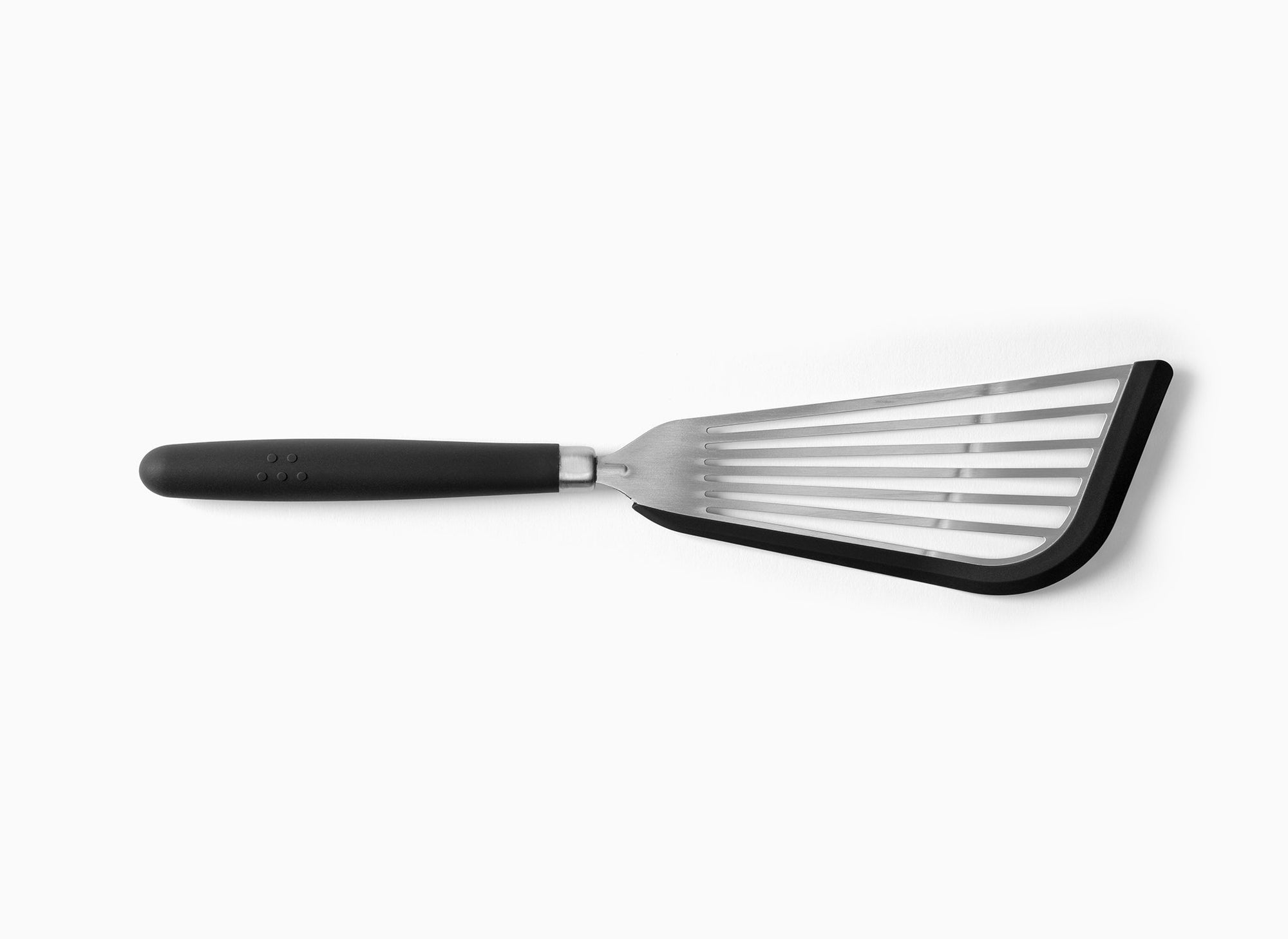  A Black Misen Silicone Fish Spatula on a white background. Shows a slotted silicone-lined metal head attached to a silicone handle.