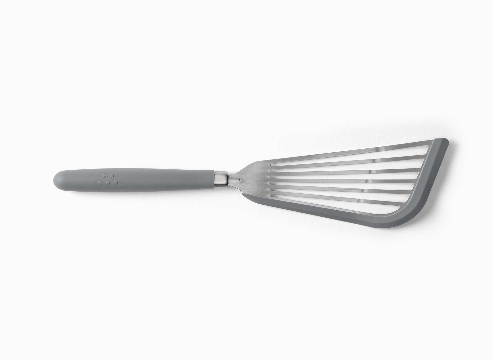 A Grey Misen Silicone Fish Spatula on a white background. Shows a slotted silicone-lined metal head attached to a silicone handle.