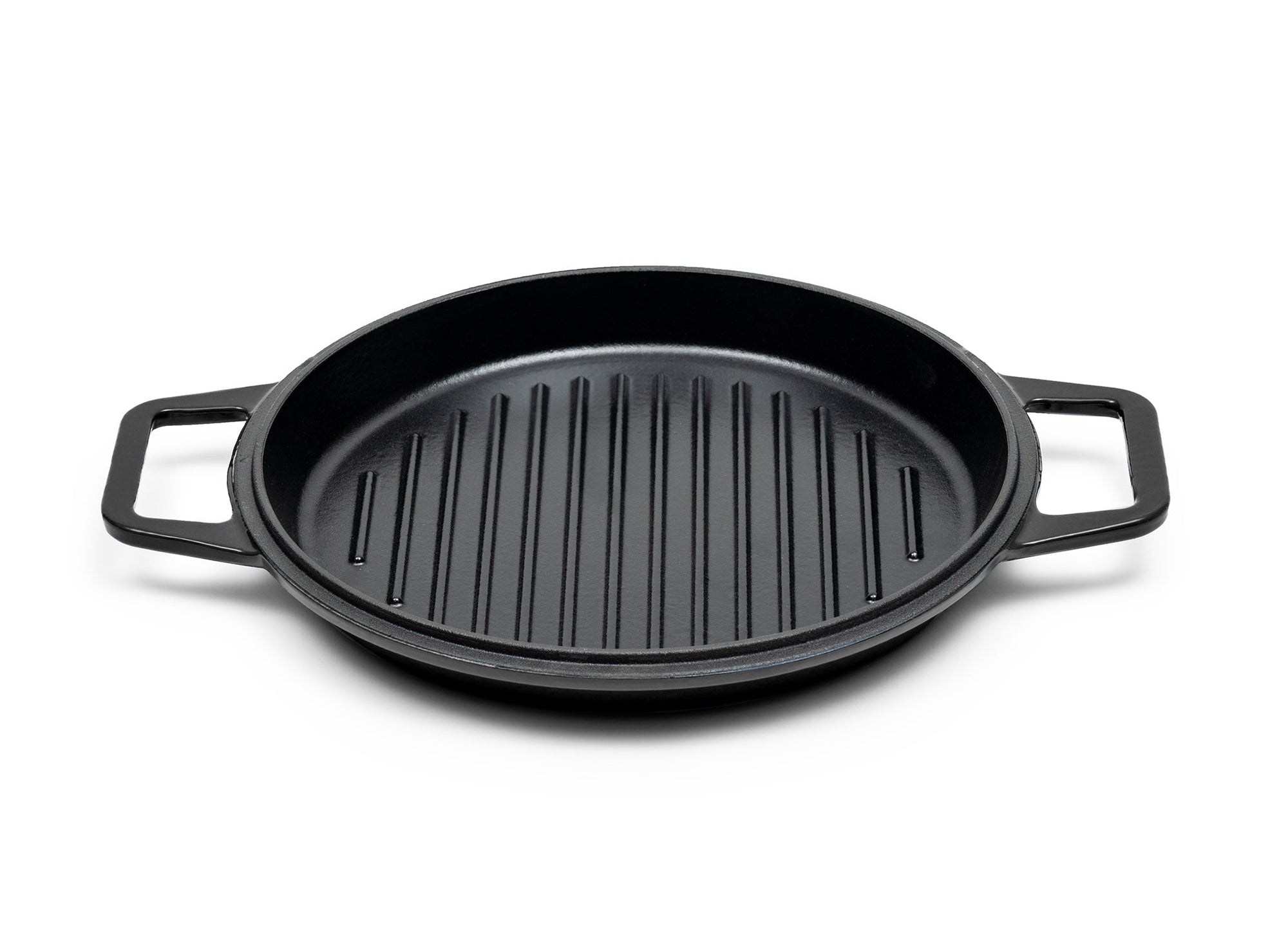 {{black,7-qt-black,9-qt-black}} A Black Misen Enameled Cast Iron Grill Pan face-up, showing a black cooking surface and raised grill ridges.