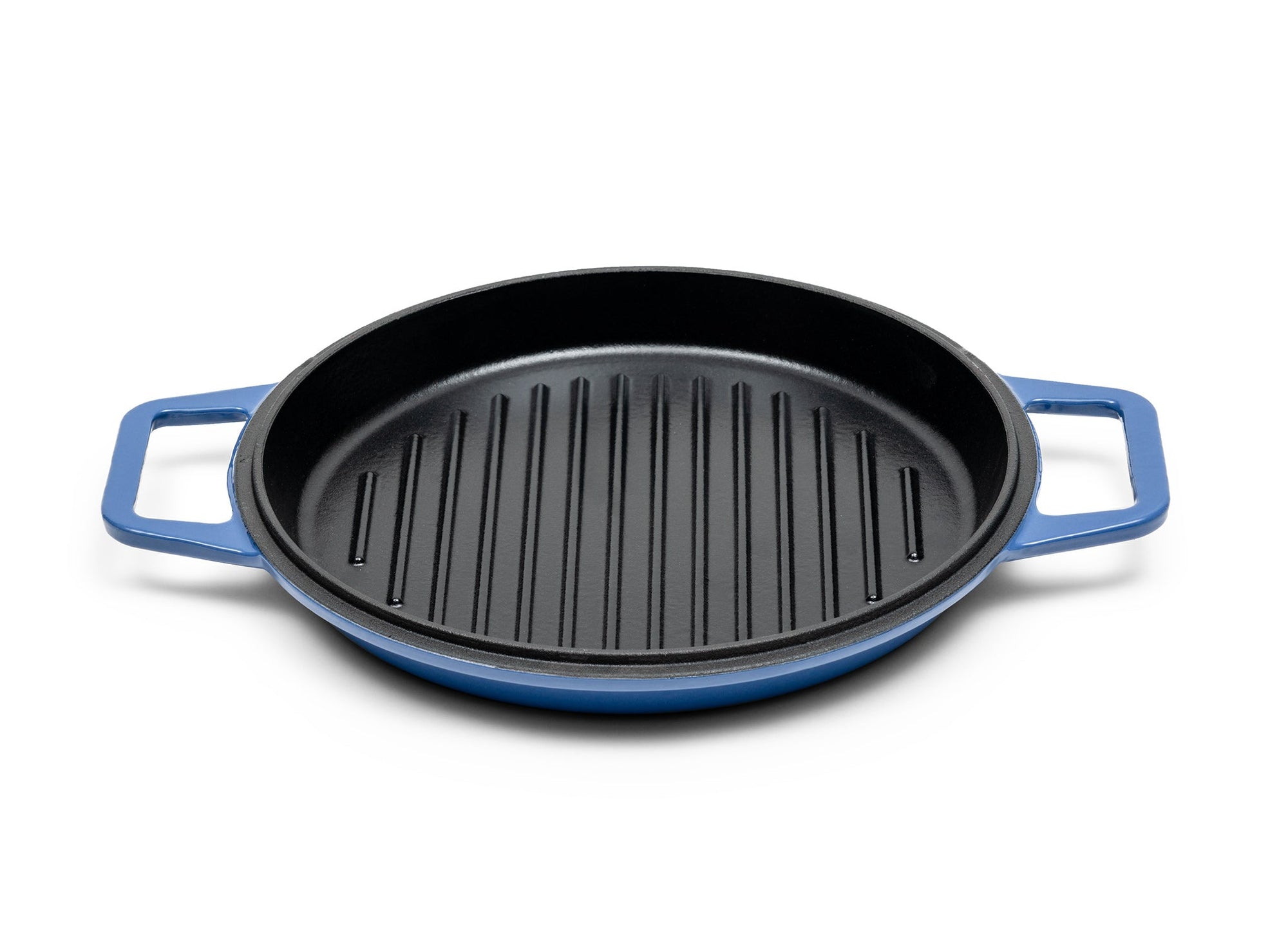 {{blue,7-qt-blue,9-qt-blue}} A Blue Misen Enameled Cast Iron Grill Pan face-up, showing a black cooking surface and raised grill ridges.