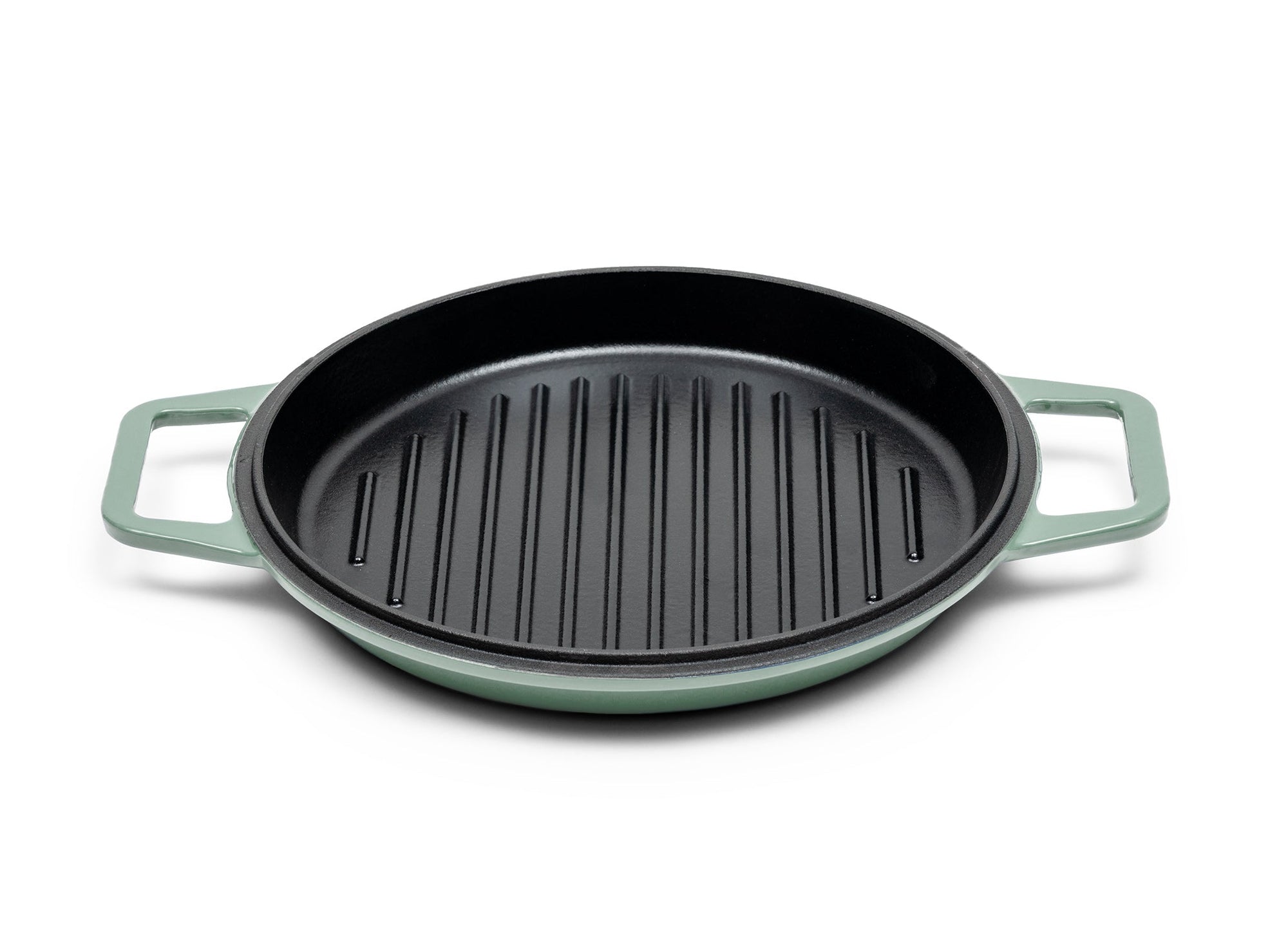 {{green,7-qt-green,9-qt-green}} A Green Misen Enameled Cast Iron Grill Pan face-up, showing a black cooking surface and raised grill ridges.