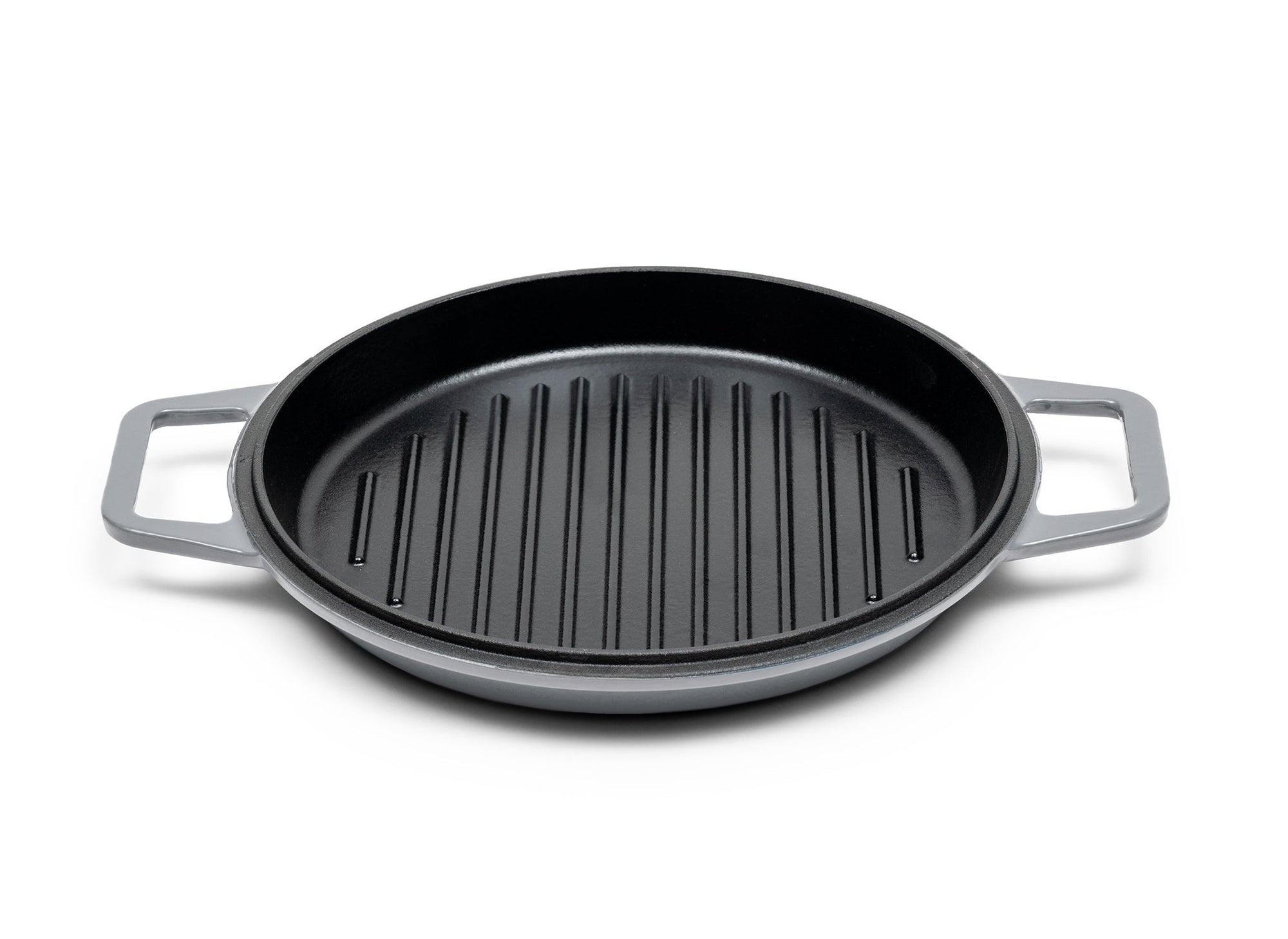 {{gray,7-qt-gray,9-qt-gray}} A Gray Misen Enameled Cast Iron Grill Pan face-up, showing a black cooking surface and raised grill ridges.