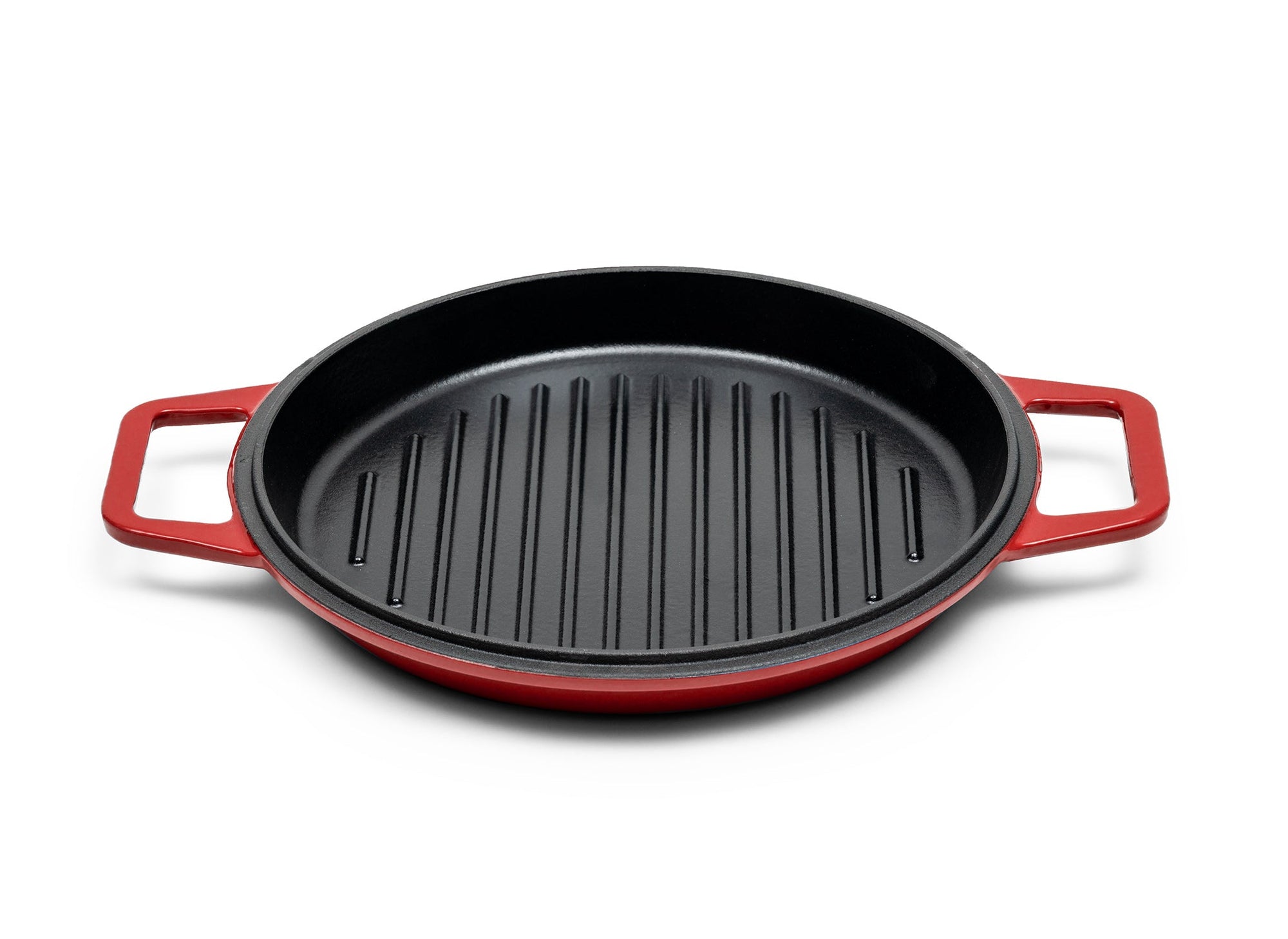 {{red,7-qt-red,9-qt-red}} A Red Misen Enameled Cast Iron Grill Pan face-up, showing a black cooking surface and raised grill ridges.