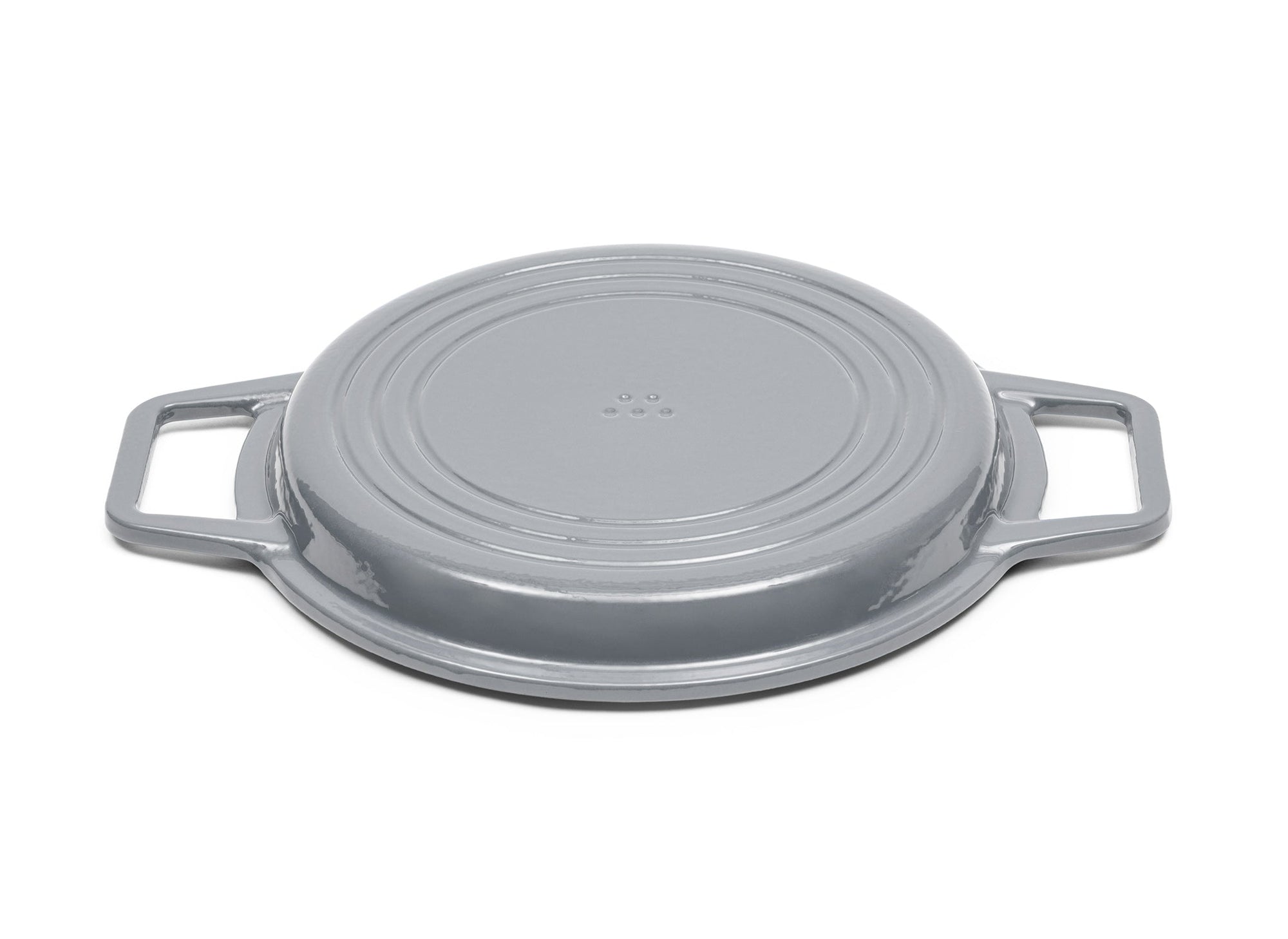 {{gray,7-qt-gray,9-qt-gray}} A Gray Misen Enameled Cast Iron Grill Pan face-down, showing a Misen logo on the base.