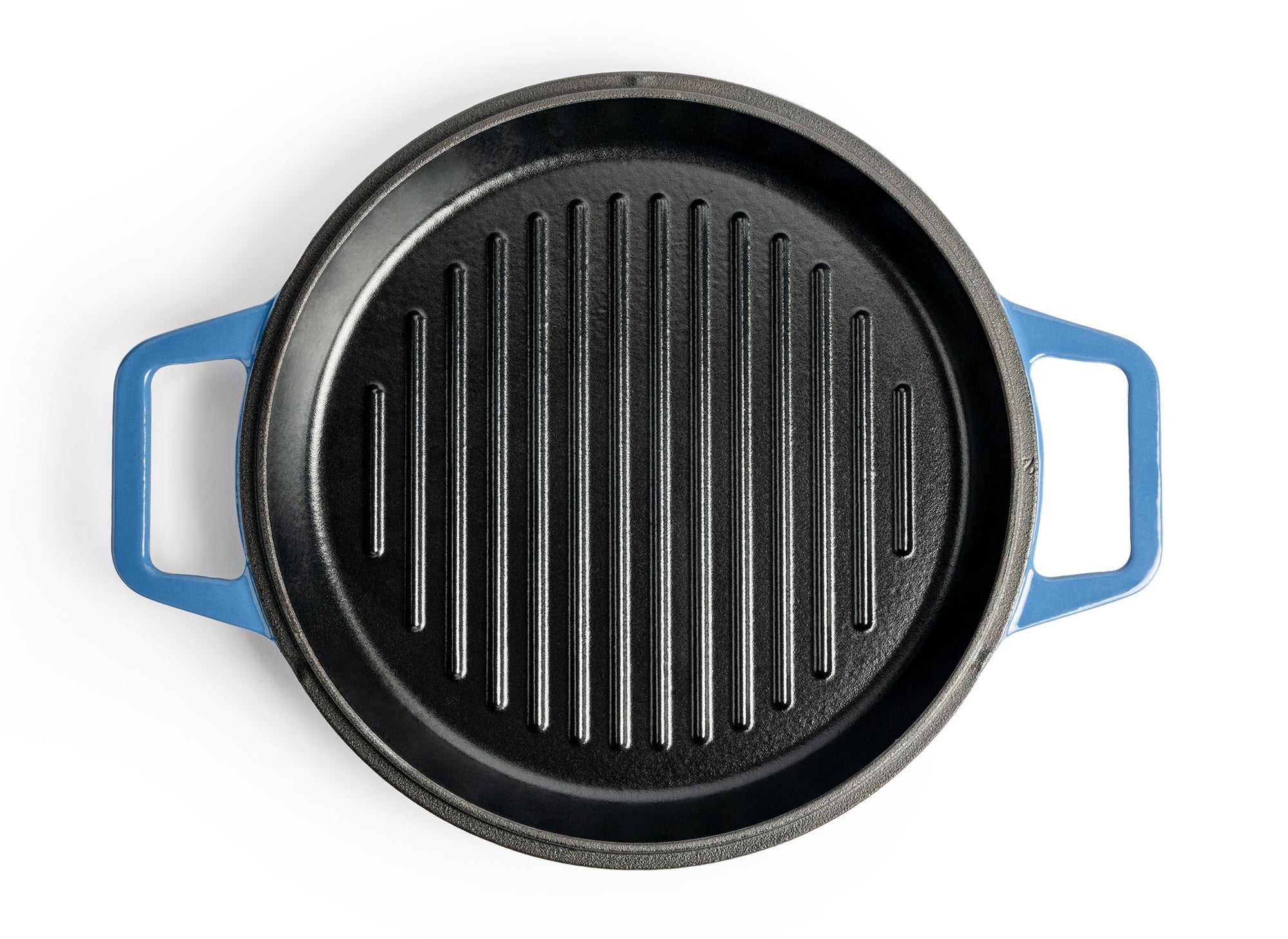 {{blue,7-qt-blue,9-qt-blue}} An upright Blue Misen Enameled Cast Iron Grill Pan, viewed from directly overhead.