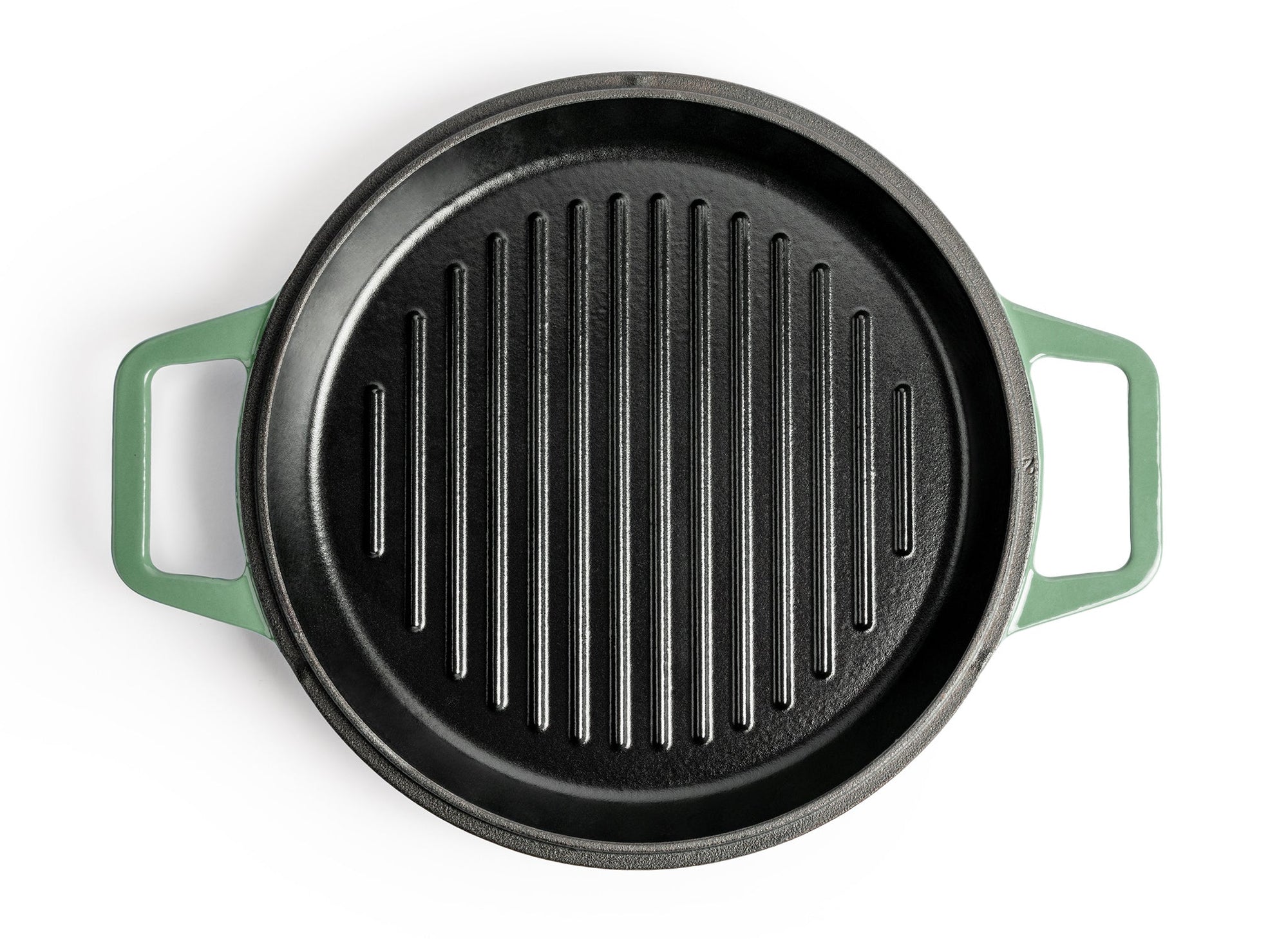 {{green,7-qt-green,9-qt-green}} An upright Green Misen Enameled Cast Iron Grill Pan, viewed from directly overhead.