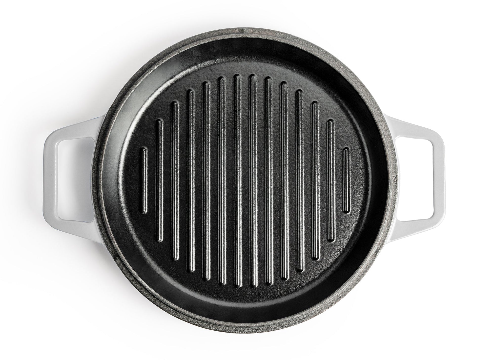{{gray,7-qt-gray,9-qt-gray}} An upright Gray Misen Enameled Cast Iron Grill Pan, viewed from directly overhead.