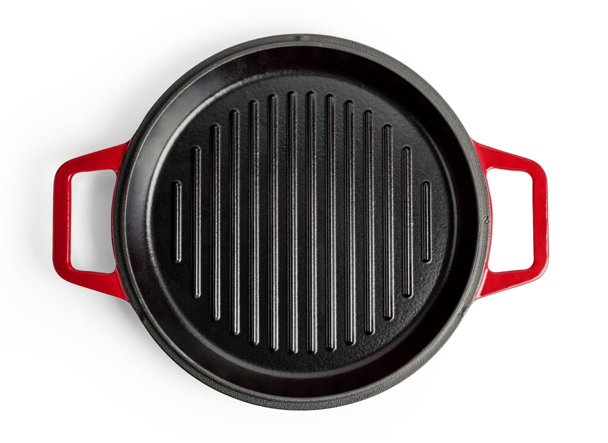 {{red,7-qt-red,9-qt-red}} An upright Red Misen Enameled Cast Iron Grill Pan, viewed from directly overhead.