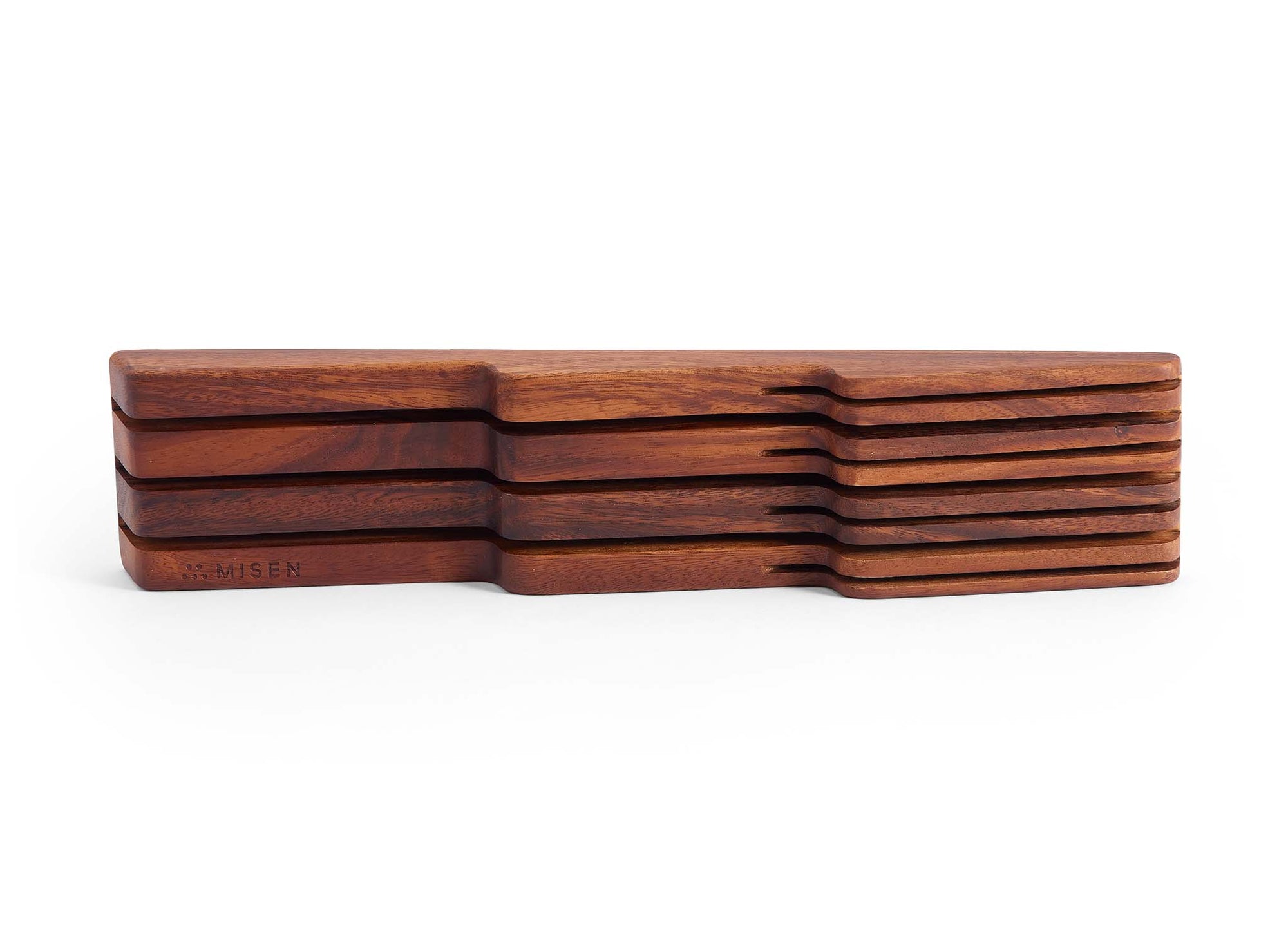 {{walnut}} Empty Misen In-Drawer Knife Storage in Walnut, seen from above with small and large knife slots visible.