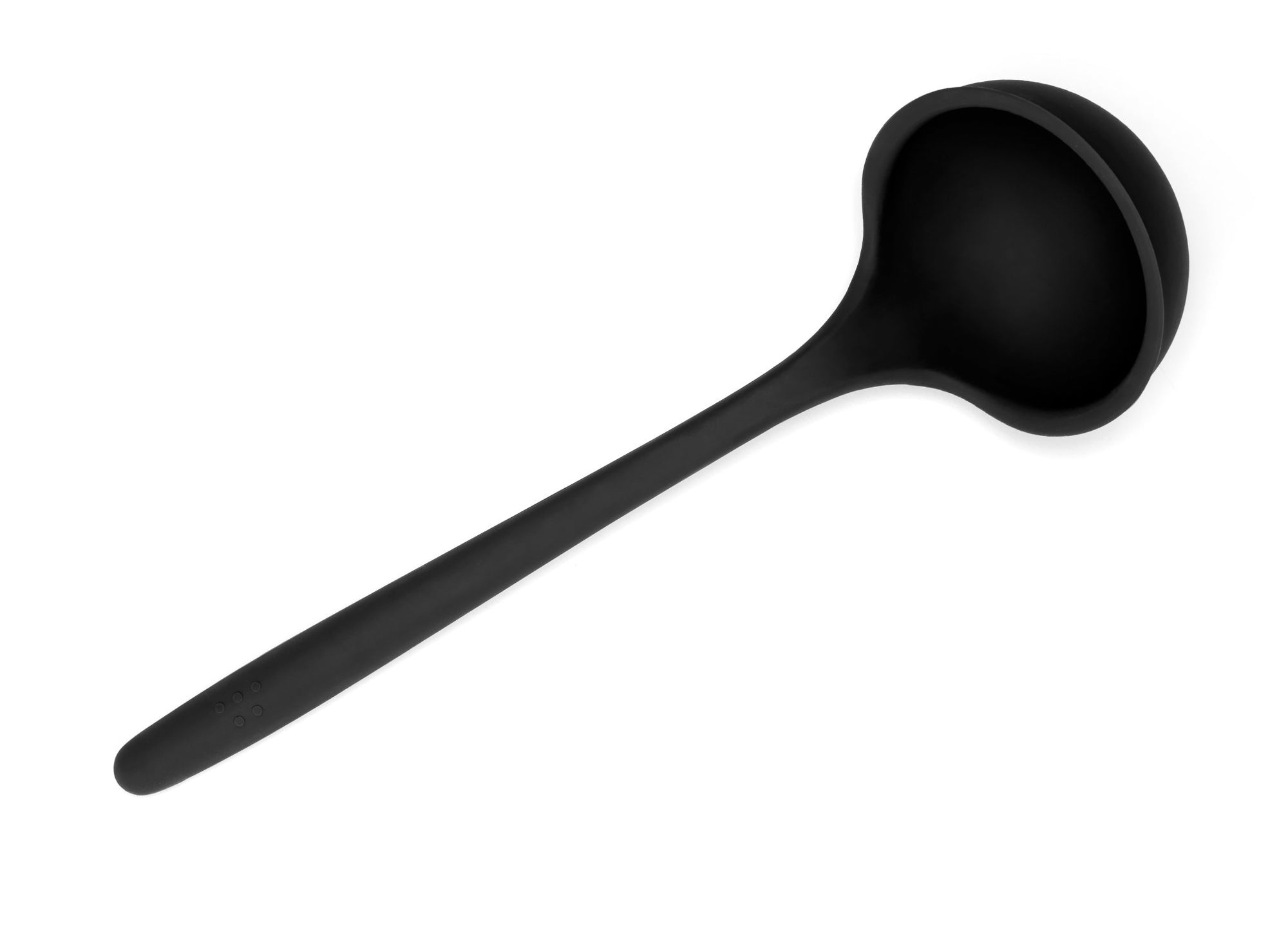 {{black}} Black Misen Ladle seen from above on a white background. A deep scoop head with a long silicone handle.