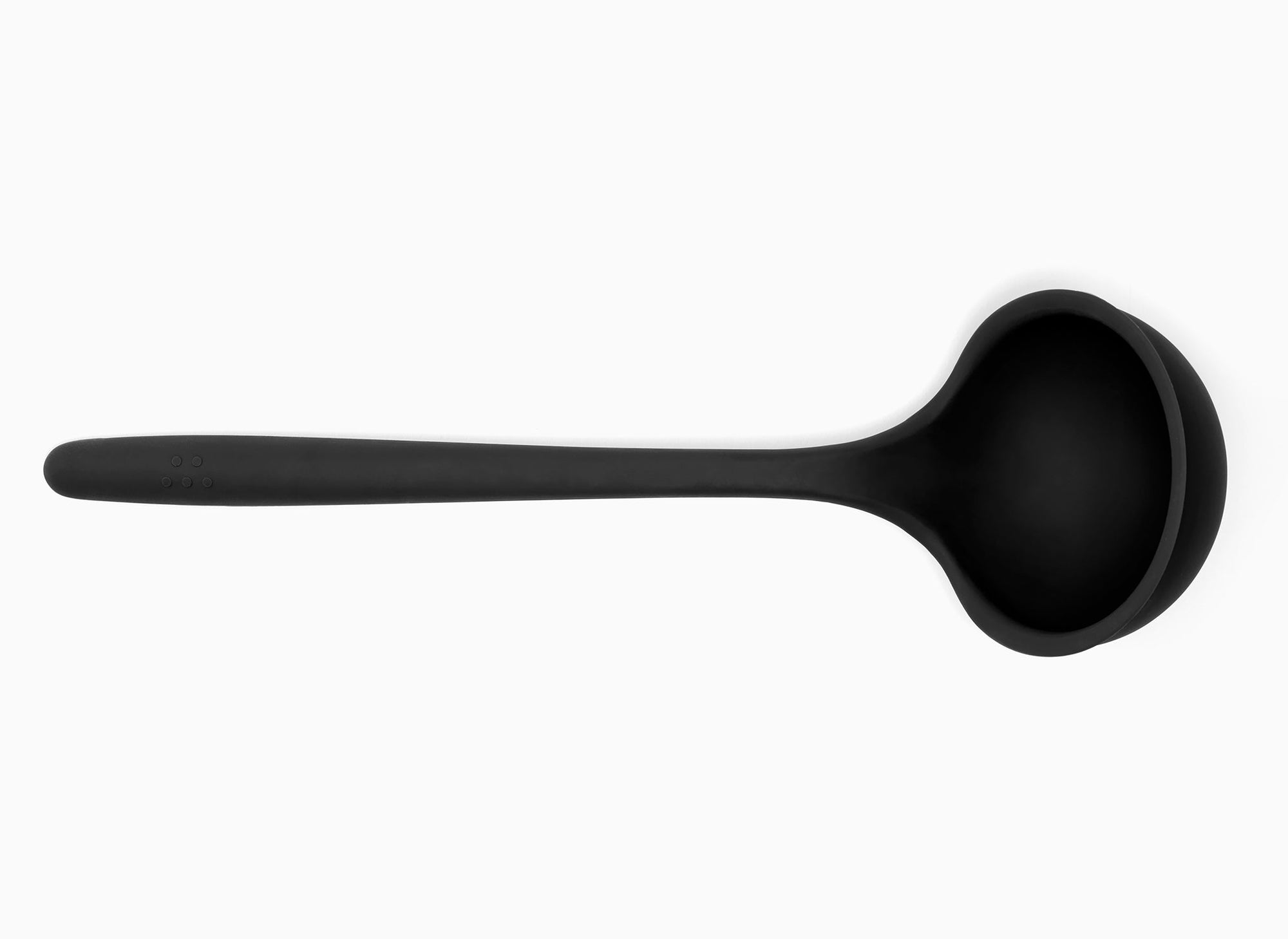 Black Misen Ladle seen from above on a white background. A deep scoop head with a long silicone handle.