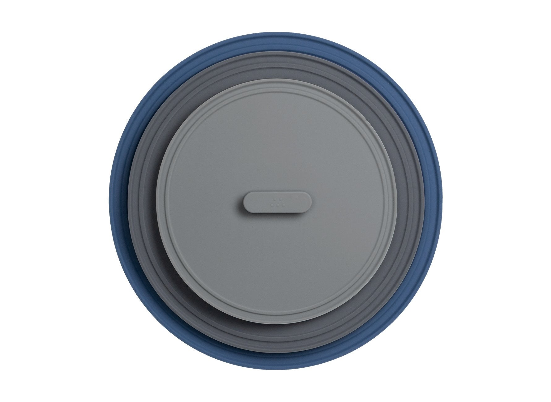 {{8-10-12-inch}} The 3 piece Misen Universal Lids are differentiated by color — 8 inch: light gray, 10 inch: dark gray, 12 inch: steel blue.