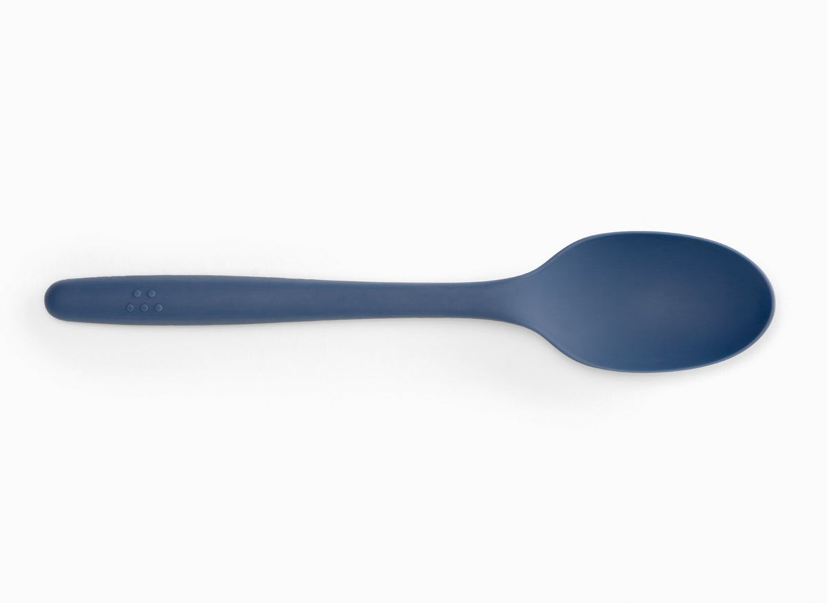 A Blue Misen Mixing Spoon seen from above on a white background.