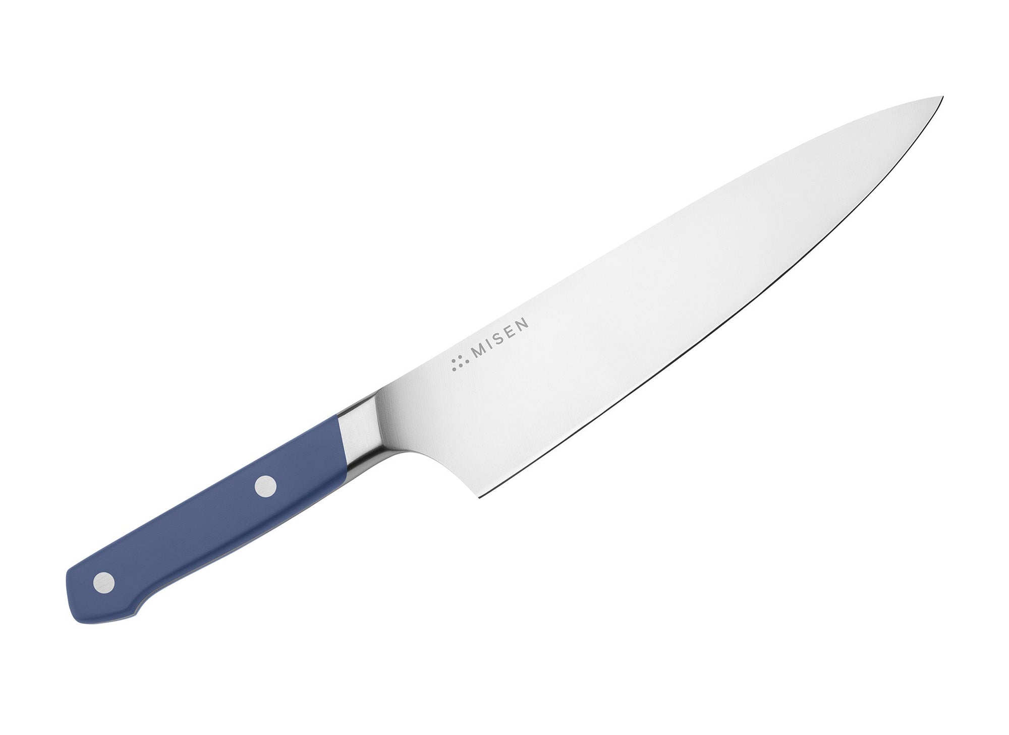 {{blue}} A front-facing view of the Misen Chef’s Knife with blue handle, showing the full knife, on a white background.