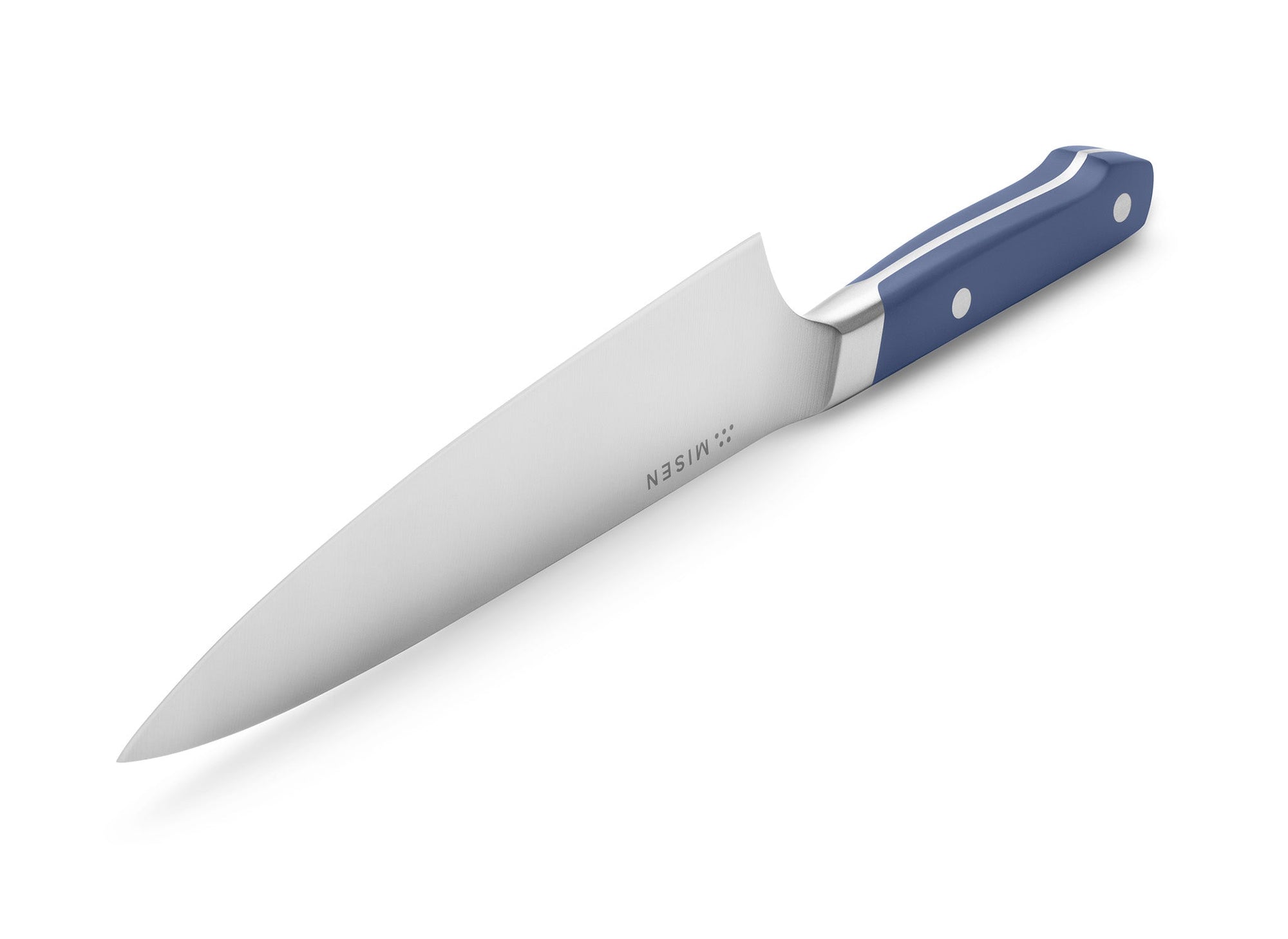 {{blue}} A side-angle view of a Misen Chef’s Knife with blue handle, shown upside down with a view of the knife’s blade edge. 