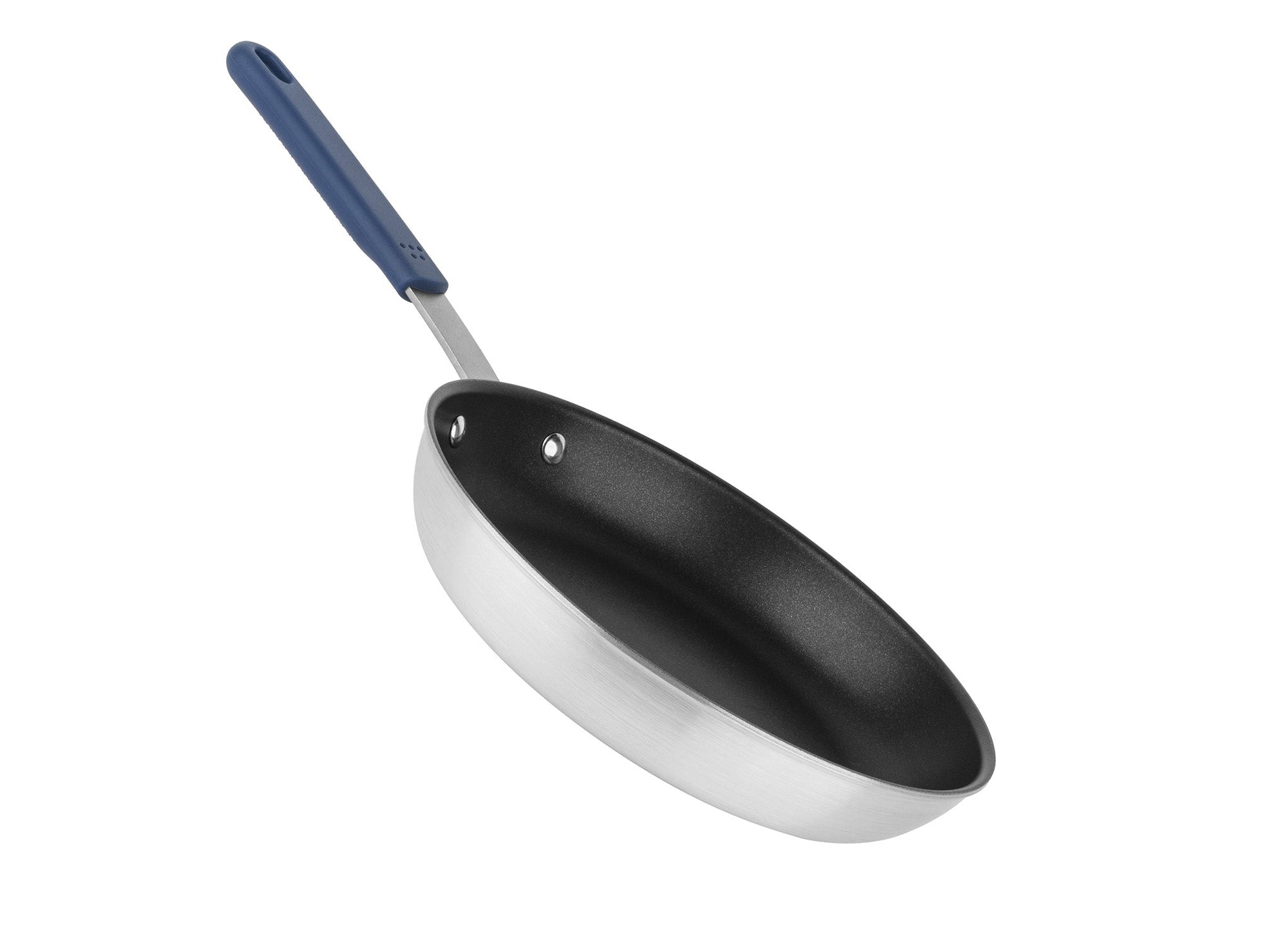 {{blue}} A side-angle view of a Misen Nonstick Pan on white background, with the nonstick coating, steel base, and blue silicone-gripped handle showing.
