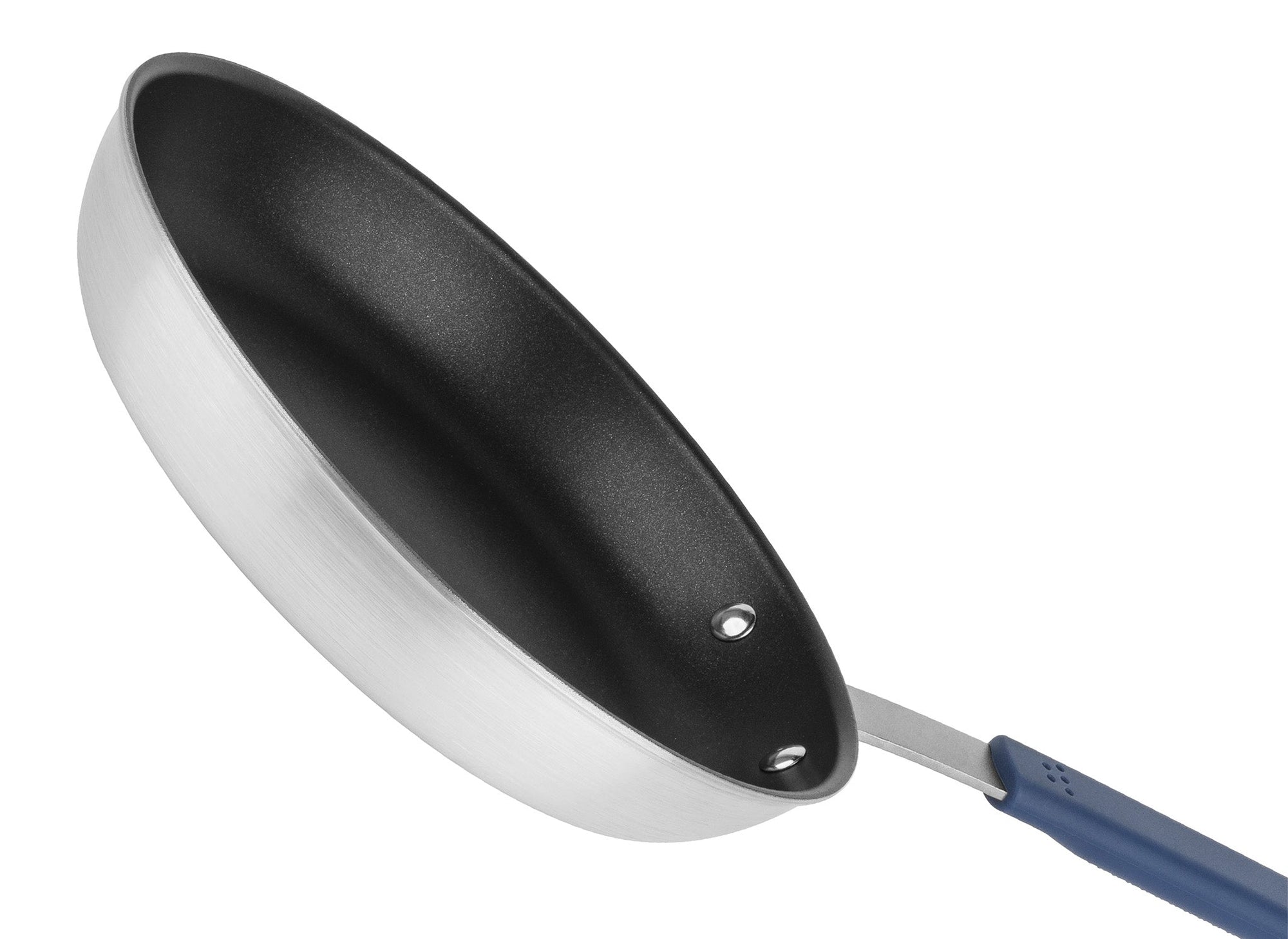 {{blue}} A side-angle view of a Misen Nonstick Pan on white background, with the nonstick coating, steel base, and blue silicone-gripped handle showing. 