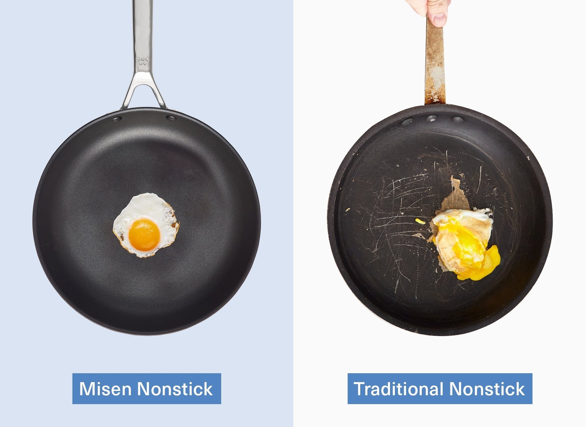 A side-by-side bird’s eye view of a Misen Nonstick Pan with an egg in it on the left, and a traditional nonstick pan with an egg in it on the right. The traditional nonstick pan shows numerous scratches, and an egg that is stuck-on and has a broken yolk. The egg in the Misen Nonstick Pan is in-tact. 