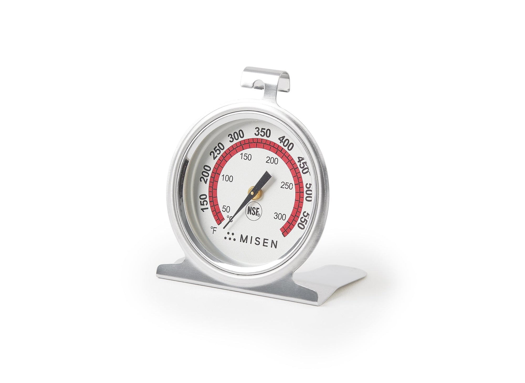 {{dial}} A front view of the stainless steel Misen Oven Thermometer at an angle, showing the glass face, dial, and temperature readings.