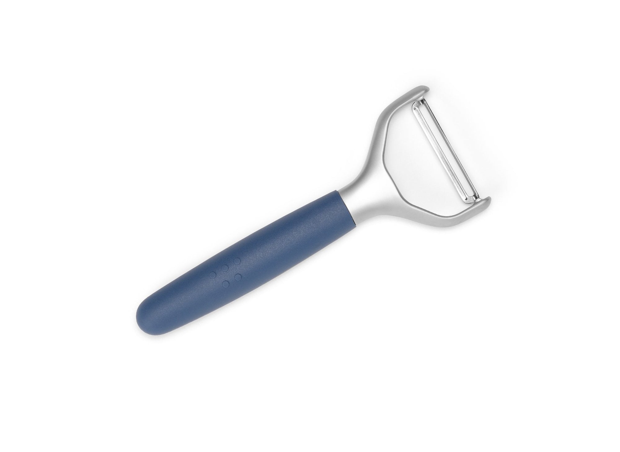 {{blue}} A Blue Misen Peeler with silicone handle and metal Y-shaped head viewed from above on a white background.