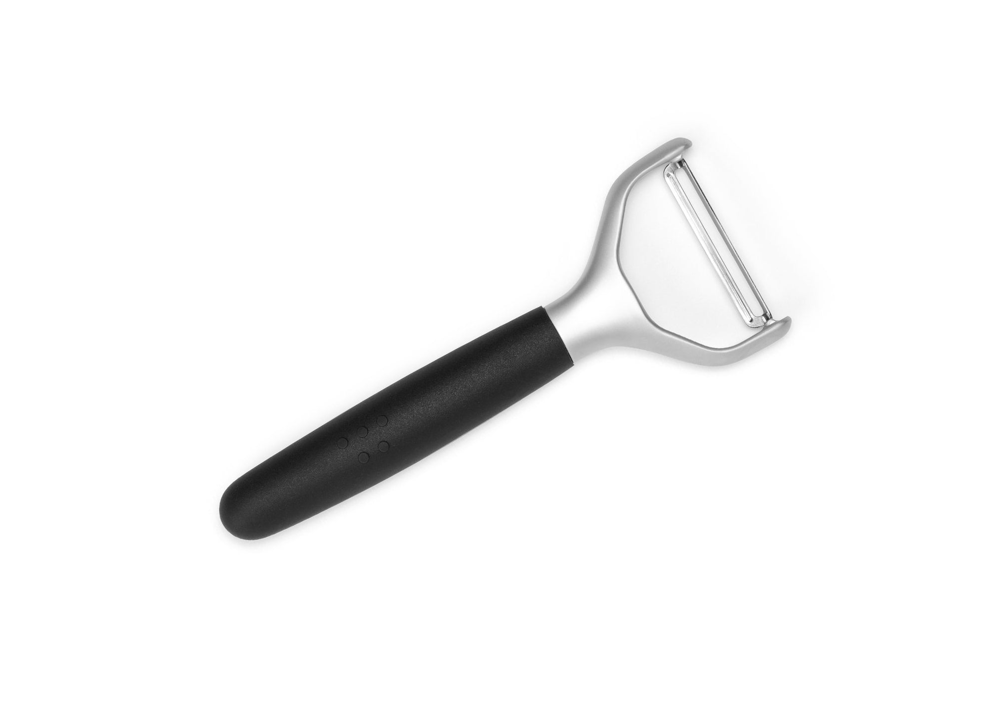 {{black}} A Black Misen Peeler with silicone handle and metal Y-shaped head viewed from above on a white background.