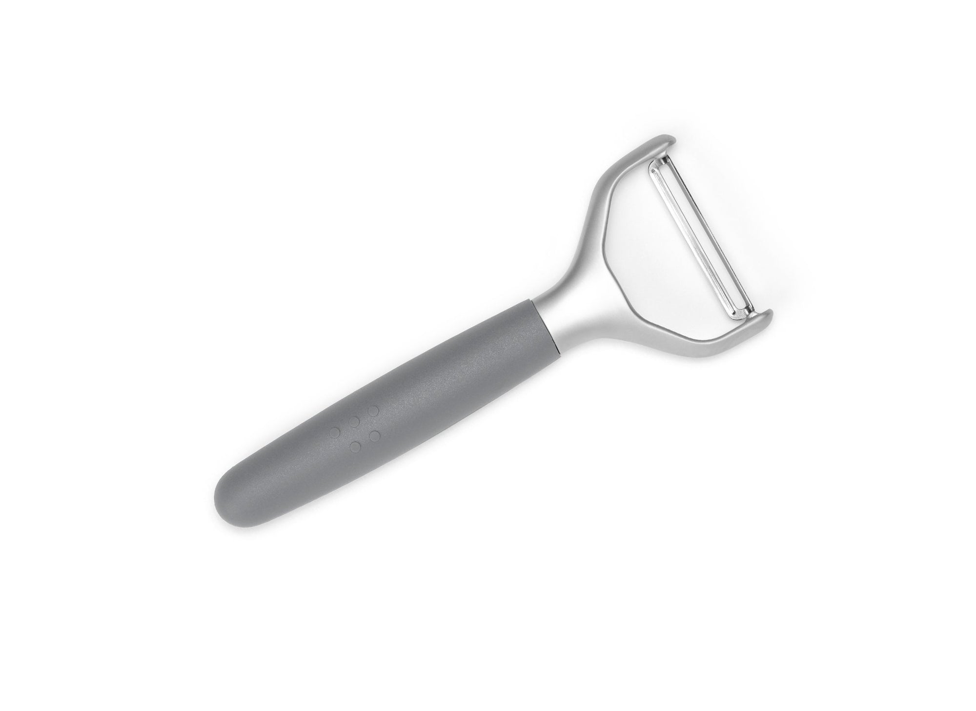 {{gray}} A Grey Misen Peeler with silicone handle and metal Y-shaped head viewed from above on a white background.