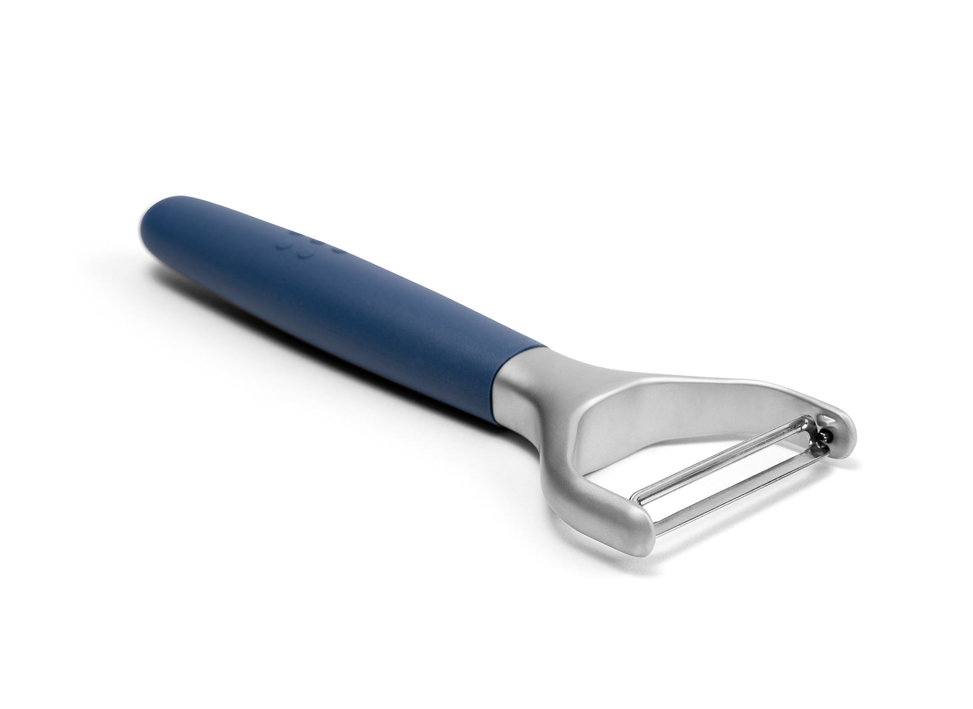 {{blue}} A Blue Misen Peeler with silicone handle and metal Y-shaped head viewed from the side on a white background.