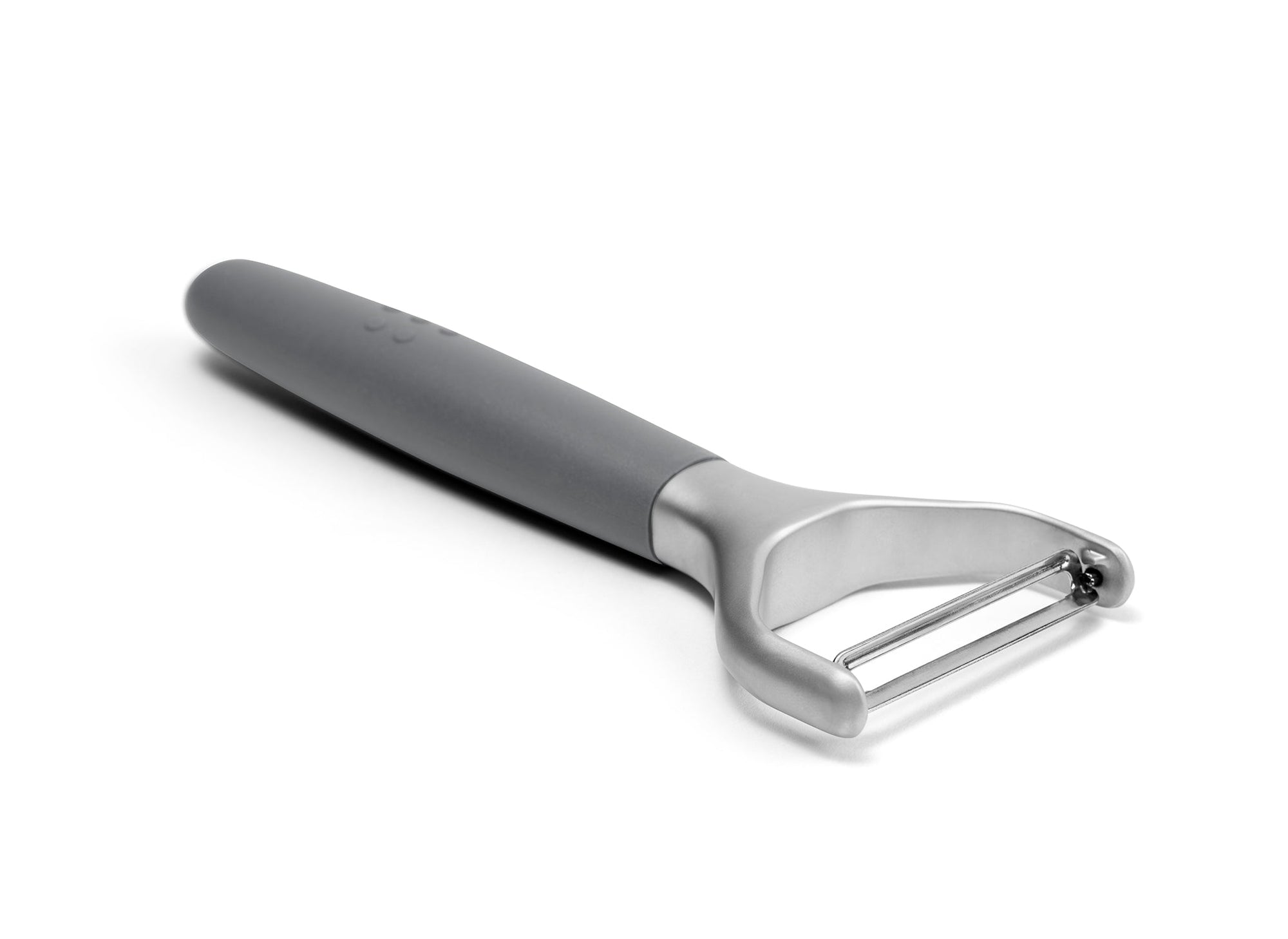 {{gray}} A Grey Misen Peeler with silicone handle and metal Y-shaped head viewed from the side on a white background.