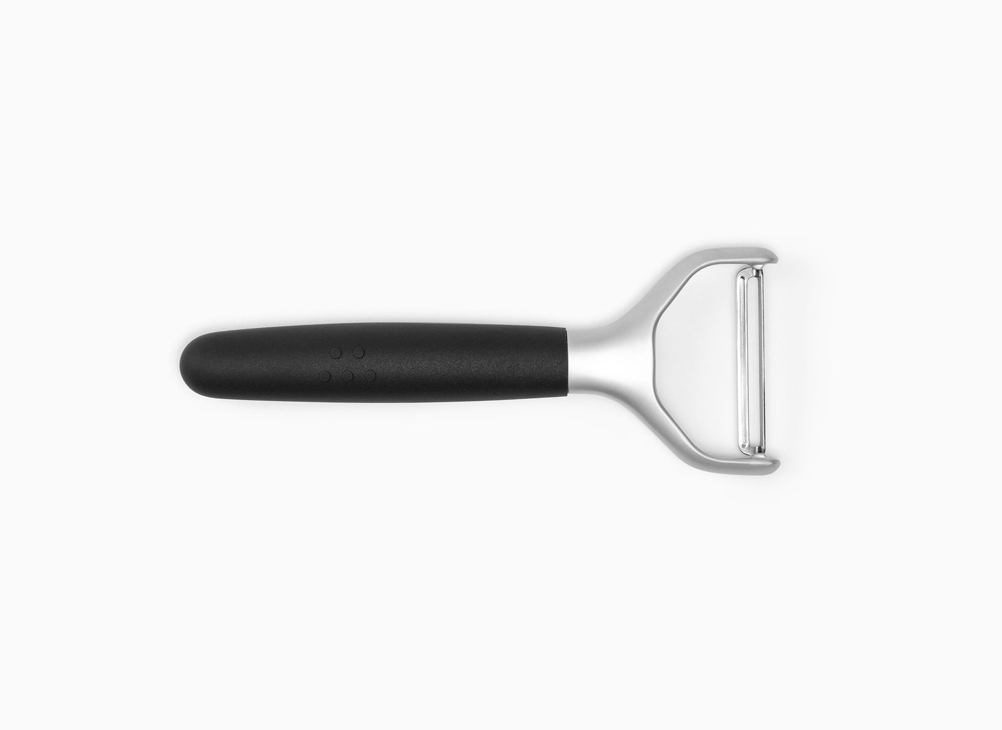 A Black Misen Peeler with silicone handle and metal Y-shaped head viewed from above on a white background.