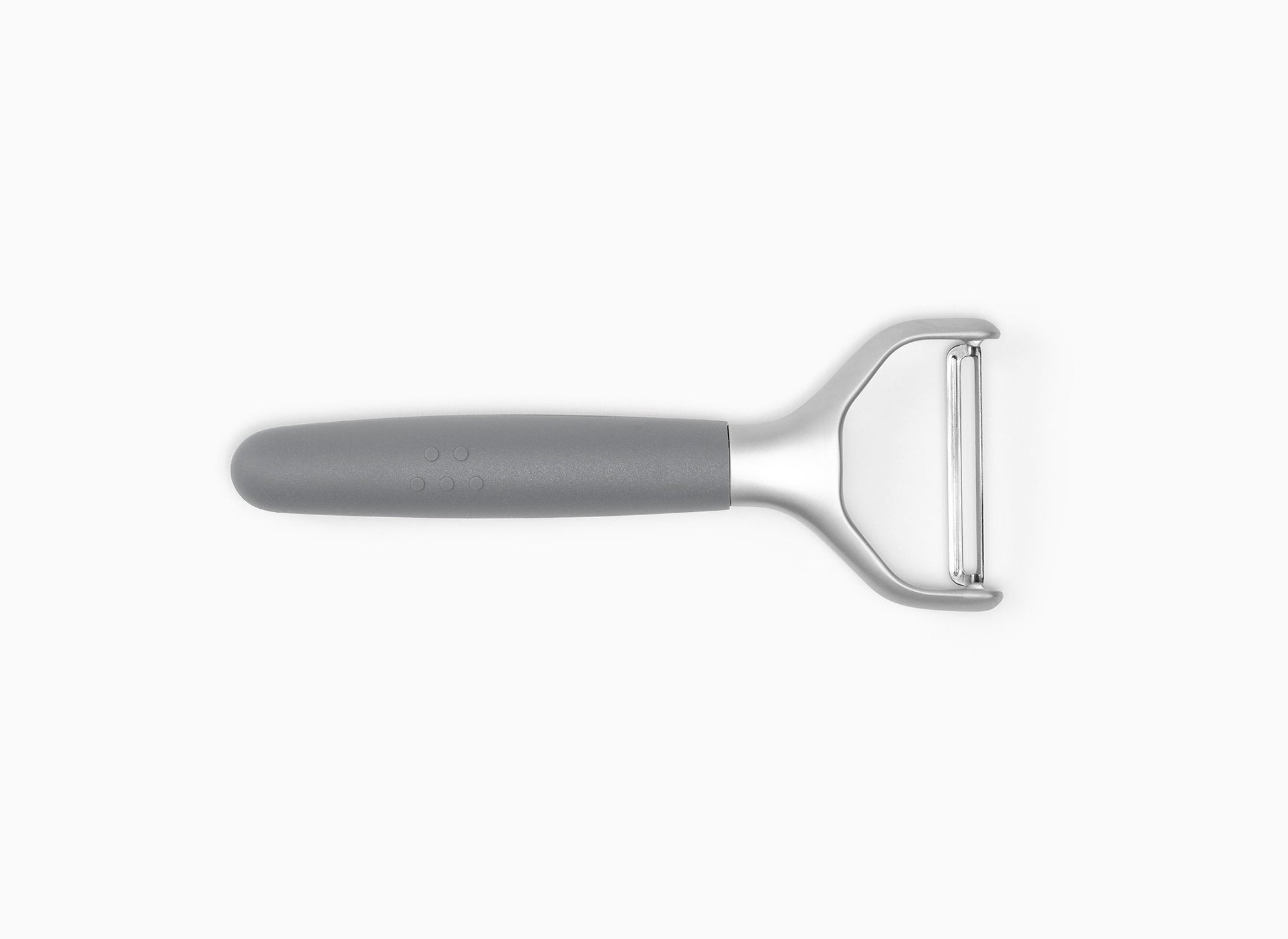 A Grey Misen Peeler with silicone handle and metal Y-shaped head viewed from above on a white background.