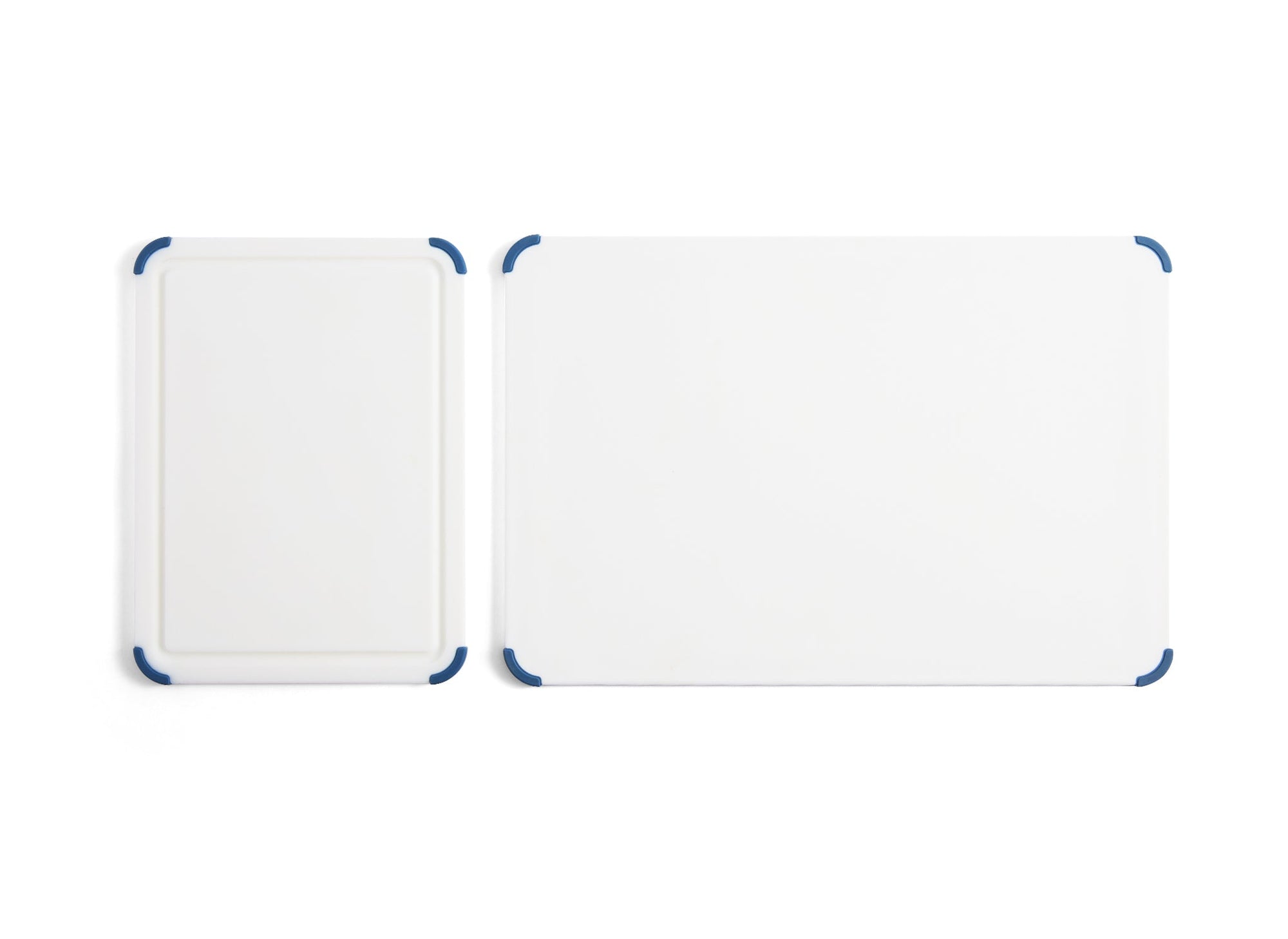 {{2-piece-set}} A 2-Piece Misen Plastic Cutting Board Set seen from overhead. Small board is face-up, while Large board is flipped to show its backside.