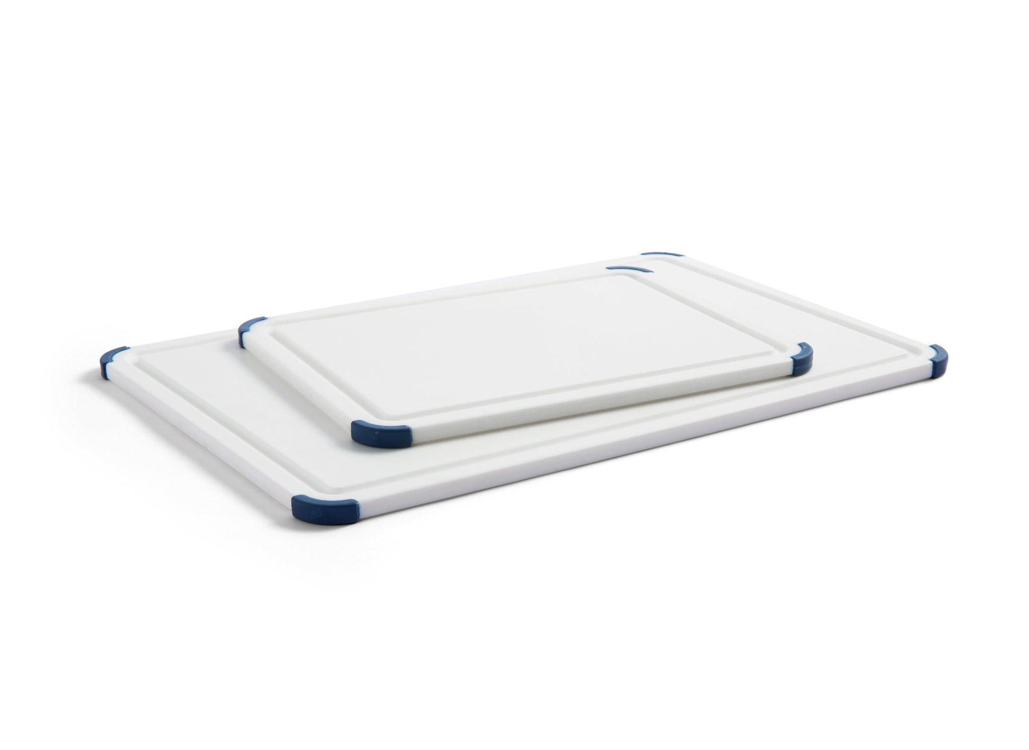 {{2-piece-set}} A 2-Piece Misen Plastic Cutting Board Set stacked on top of each other, with juice grooves and corner grips visible.
