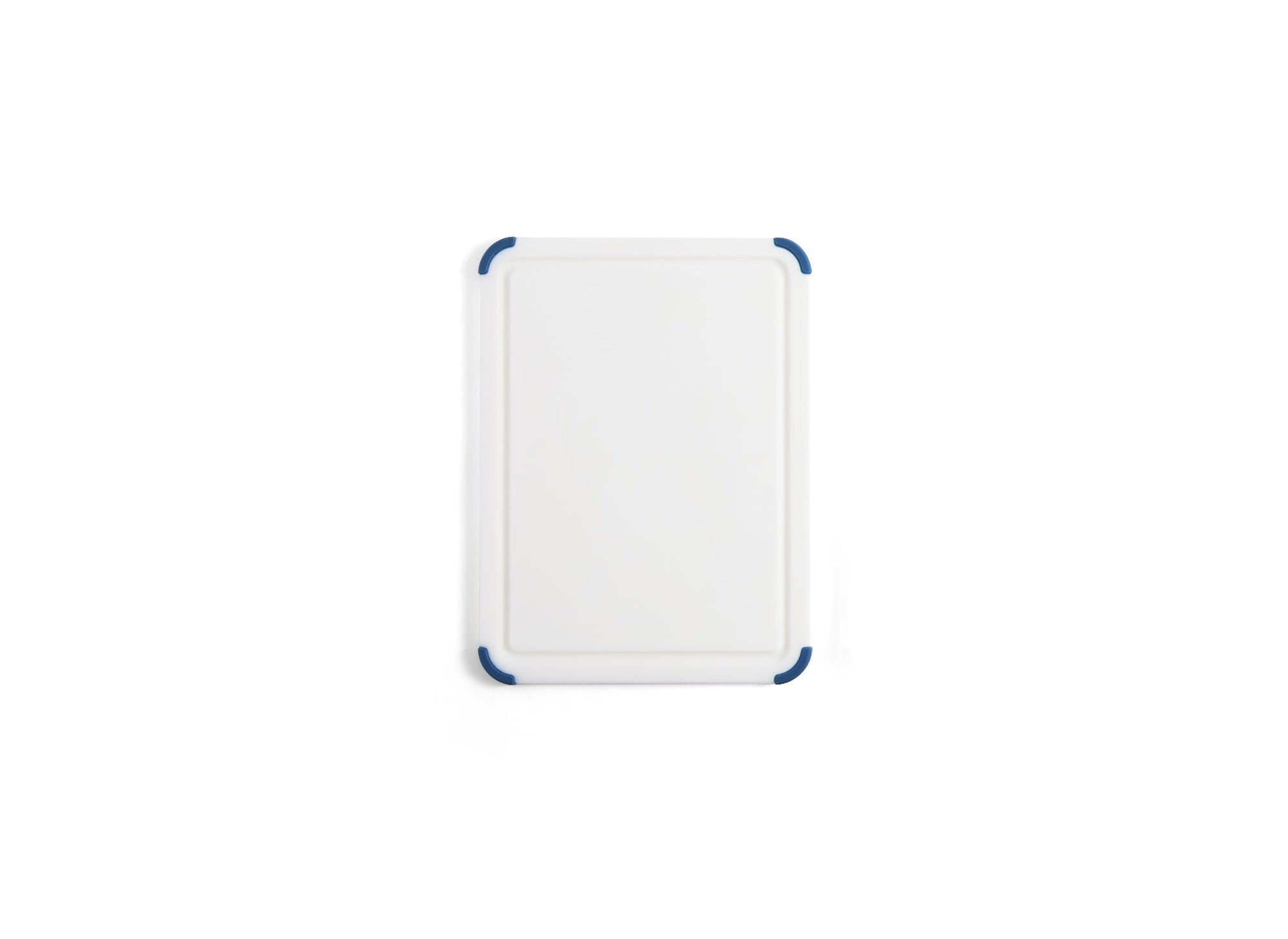 {{small}} A small Misen Plastic Cutting Board seen from directly overhead, with juice groove and blue corner grips visible.