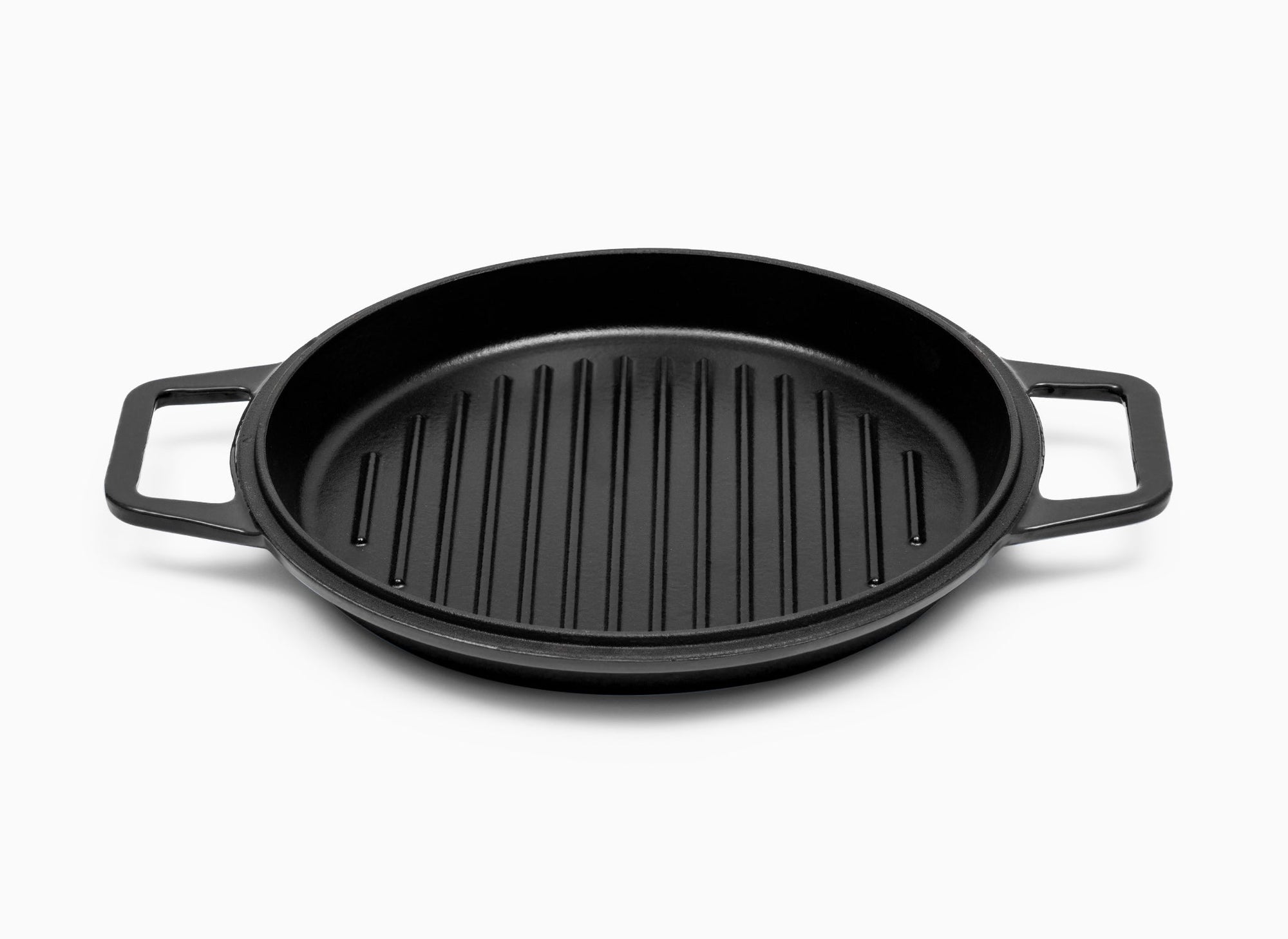 A Black Misen Enameled Cast Iron Grill Pan face-up, showing a black cooking surface and raised grill ridges.