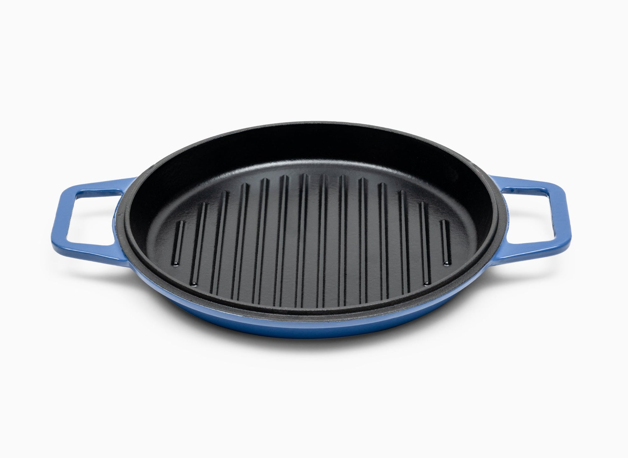 A Blue Misen Enameled Cast Iron Grill Pan face-up, showing a black cooking surface and raised grill ridges.