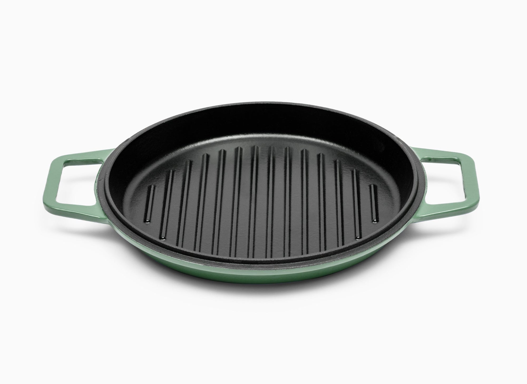 A Green Misen Enameled Cast Iron Grill Pan face-up, showing a black cooking surface and raised grill ridges.