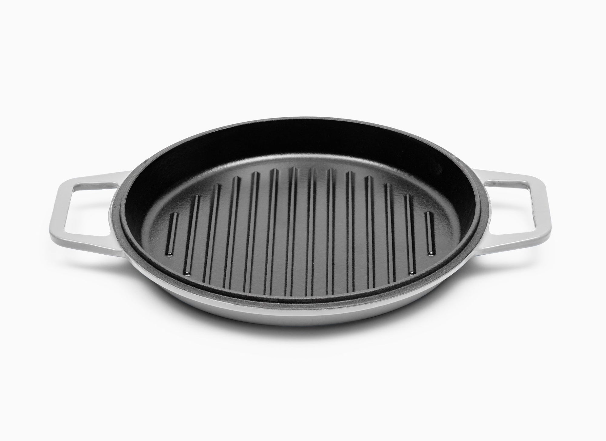 A Green Misen Enameled Cast Iron Grill Pan face-up, showing a black cooking surface and raised grill ridges.